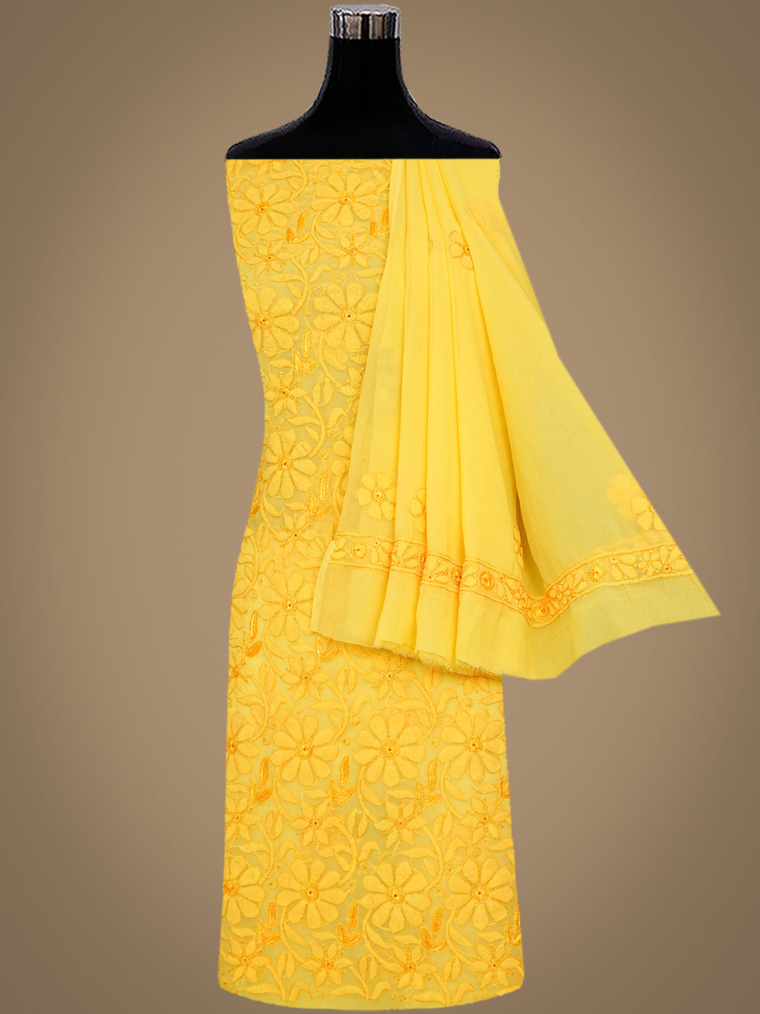 Ada Hand Embroidered Yellow Faux Georgette Lucknowi Chikankari Unstitched Suit Piece 01A594584