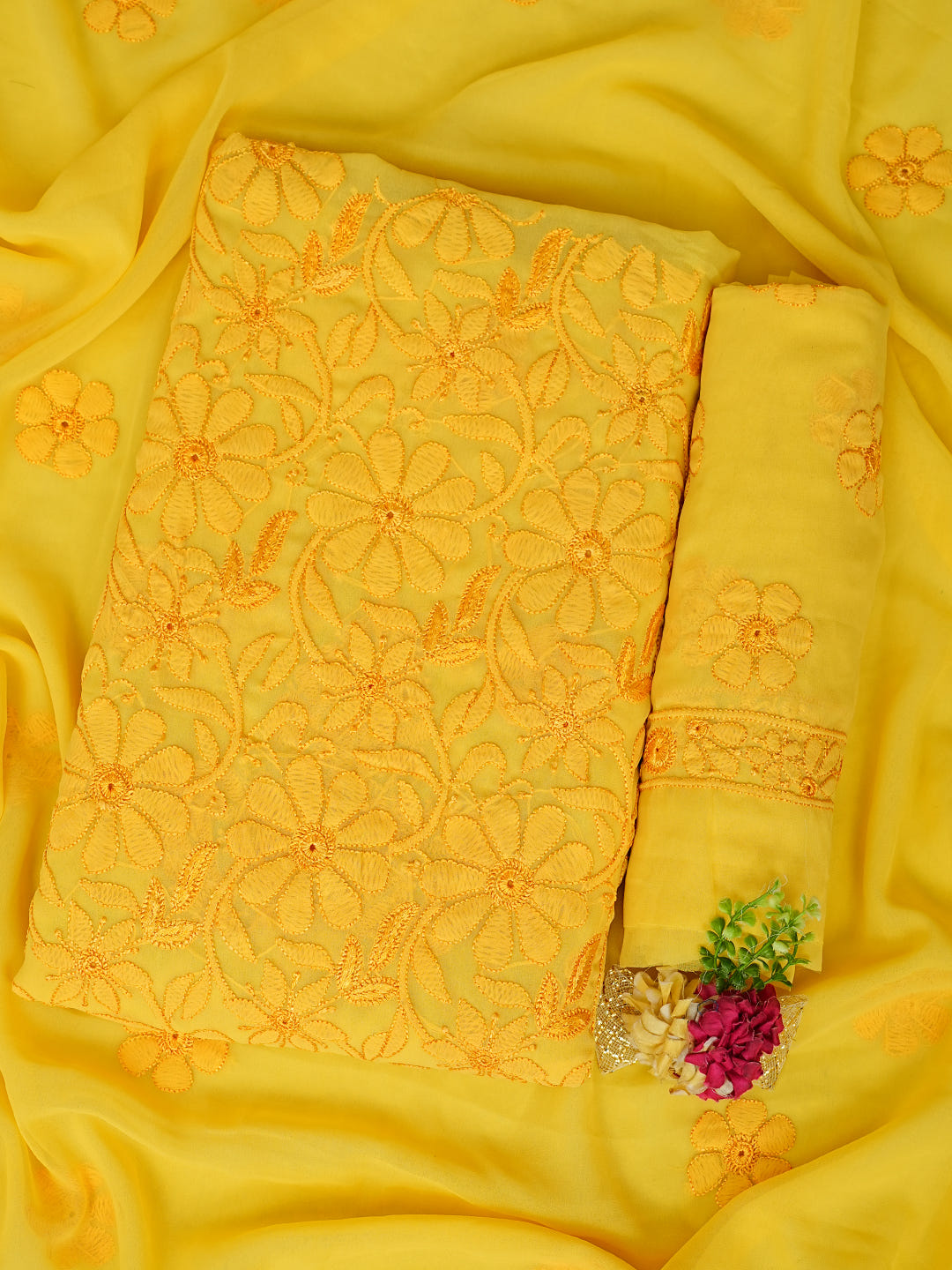 Ada Hand Embroidered Yellow Faux Georgette Lucknowi Chikankari Unstitched Suit Piece 01A594584