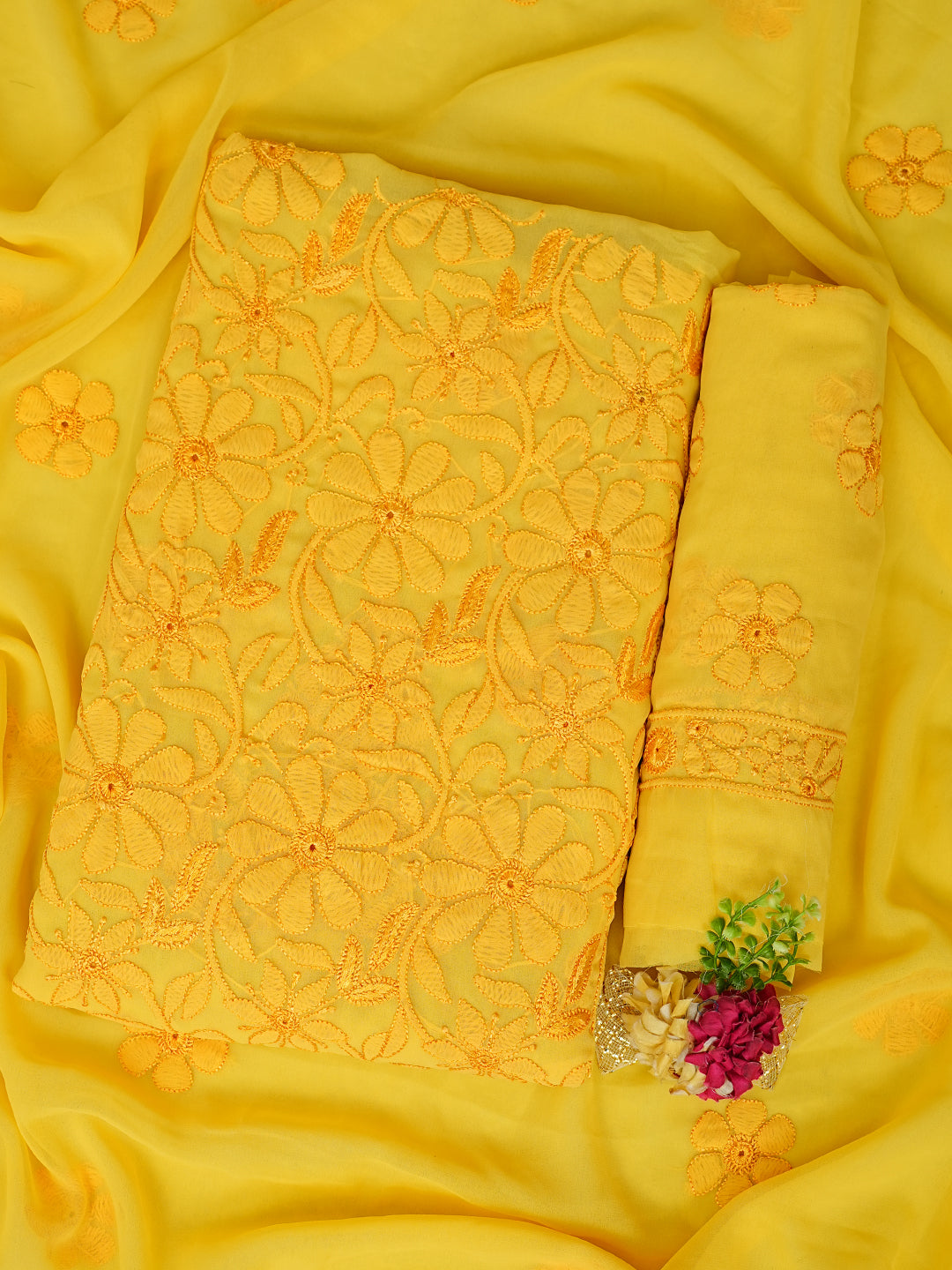 Ada Hand Embroidered Yellow Faux Georgette Lucknowi Chikankari Unstitched Suit Piece 01A594584