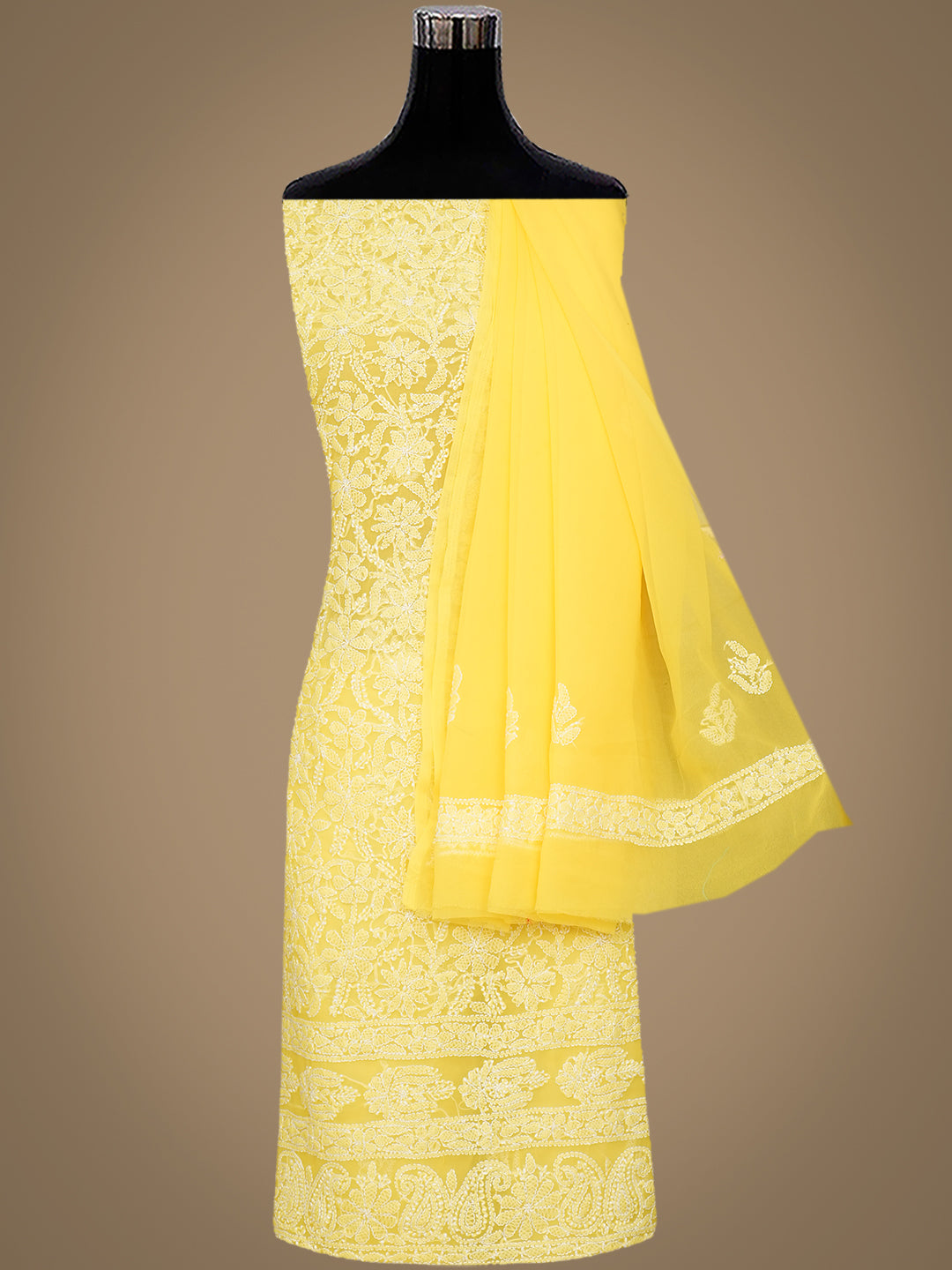 Ada Hand Embroidered Yellow Faux Georgette Lucknowi Chikankari Unstitched Suit Piece 01A905911
