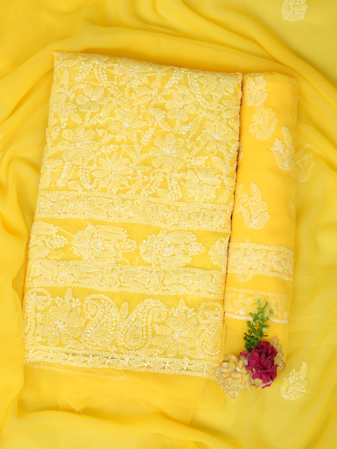 Ada Hand Embroidered Yellow Faux Georgette Lucknowi Chikankari Unstitched Suit Piece 01A905911
