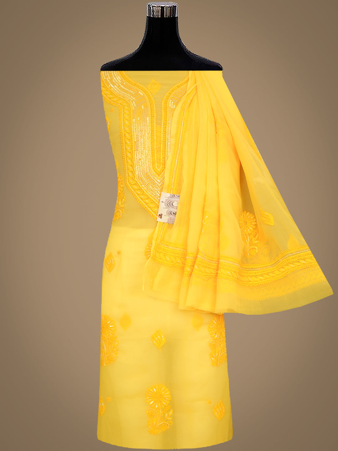 Ada Hand Embroidered Yellow Faux Georgette Lucknowi Chikankari Unstitched Suit Piece With Cutdana Work 01A983772