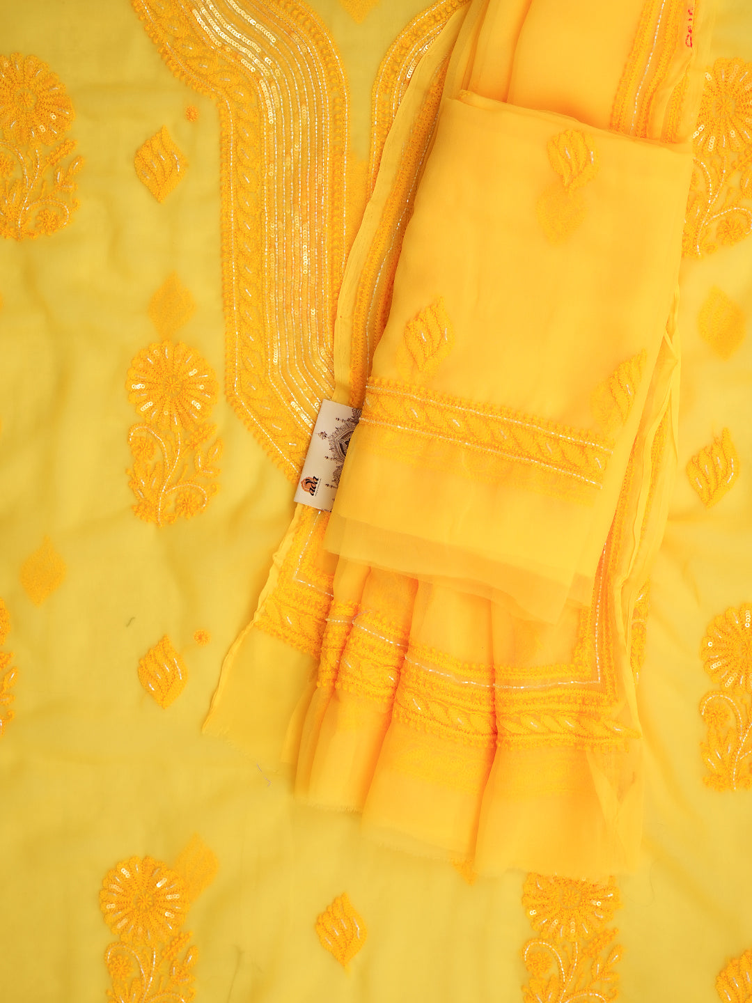 Ada Hand Embroidered Yellow Faux Georgette Lucknowi Chikankari Unstitched Suit Piece With Cutdana Work 01A983772
