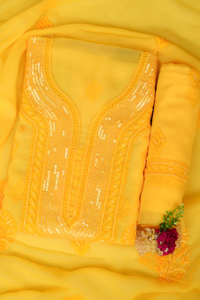 Ada Hand Embroidered Yellow Faux Georgette Lucknowi Chikankari Unstitched Suit Piece With Cutdana and Sequinned Work 01A983772