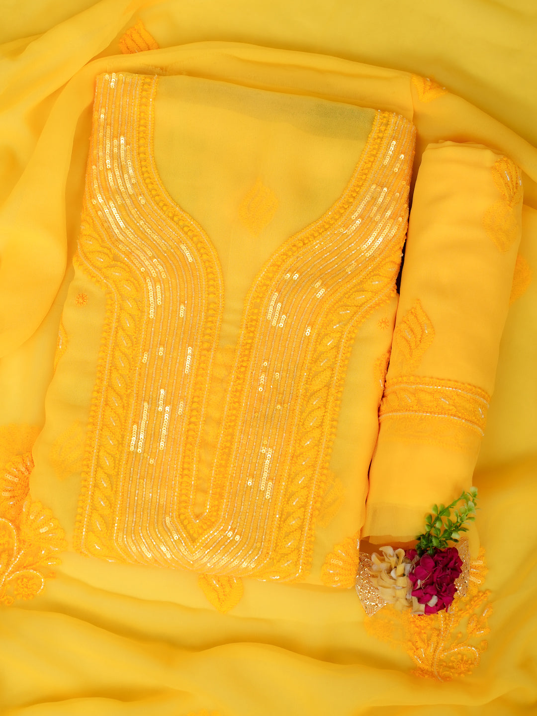 Ada Hand Embroidered Yellow Faux Georgette Lucknowi Chikankari Unstitched Suit Piece With Cutdana Work 01A983772