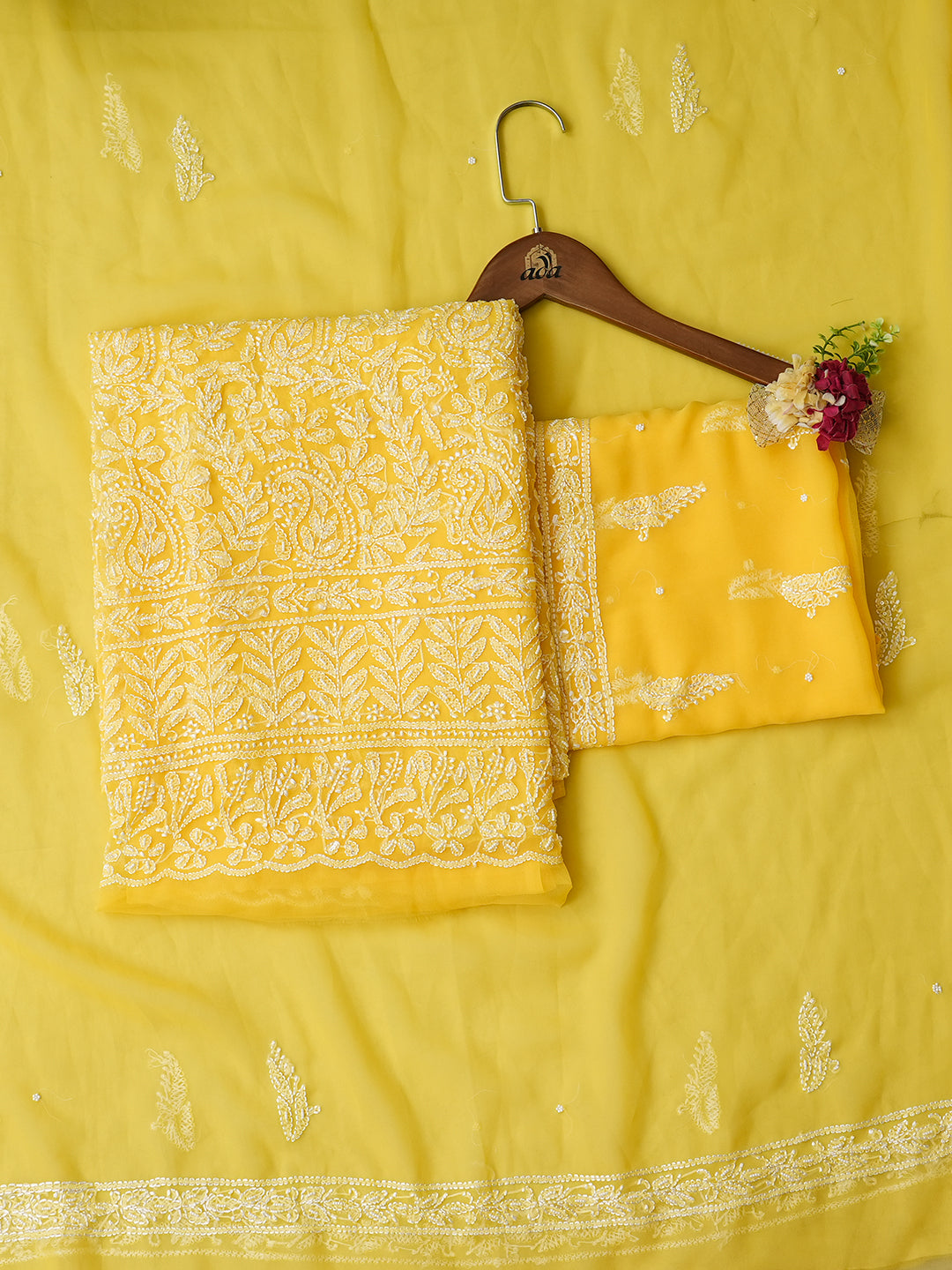 Ada Hand Embroidered Yellow Faux Georgette Lucknowi Chikankari Unstitched Suit Piece With Pearl Work 01A916036