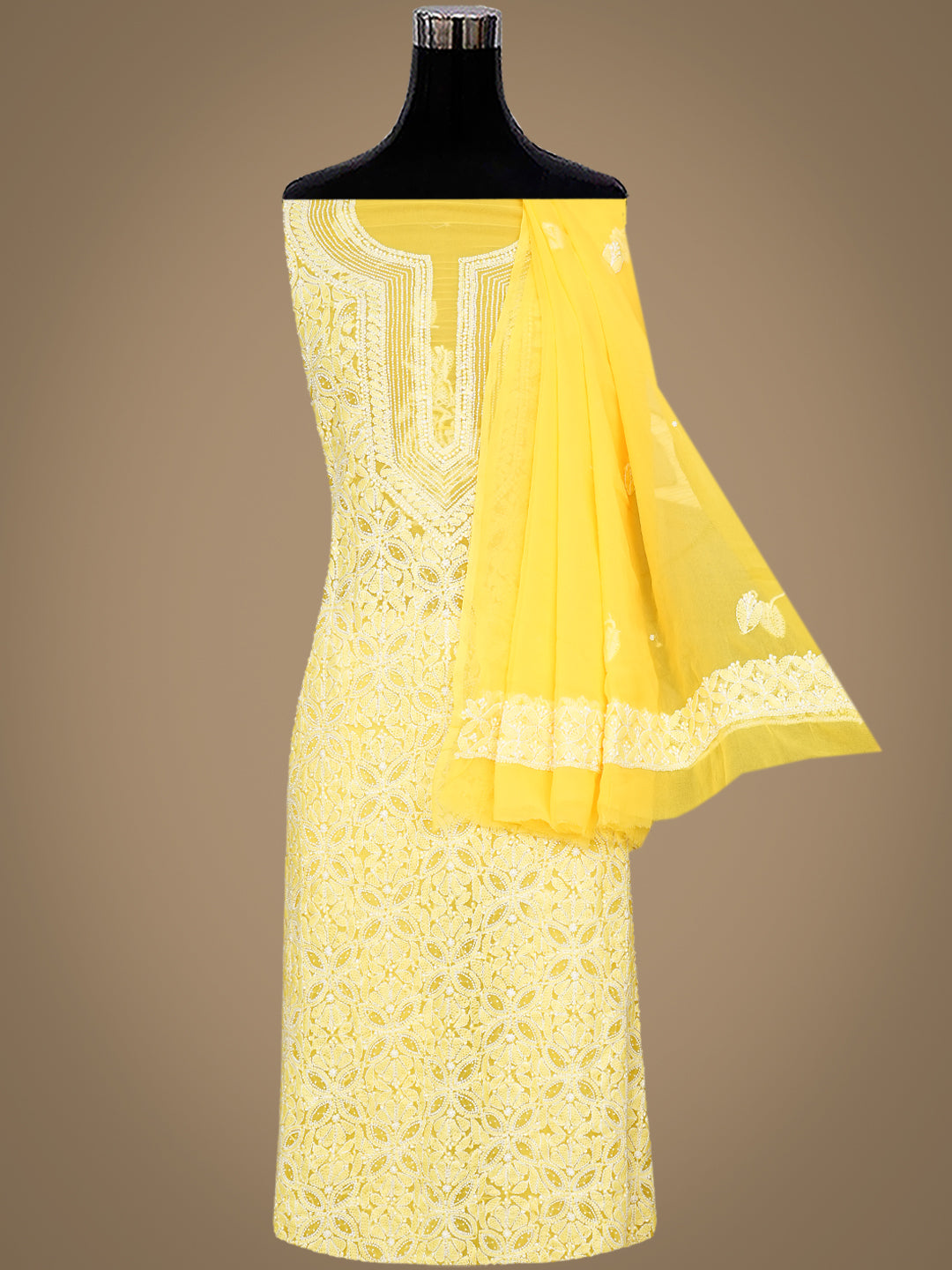 Ada Hand Embroidered Yellow Faux Georgette Lucknowi Chikankari Unstitched Suit Piece With Pearl Work 01A998087