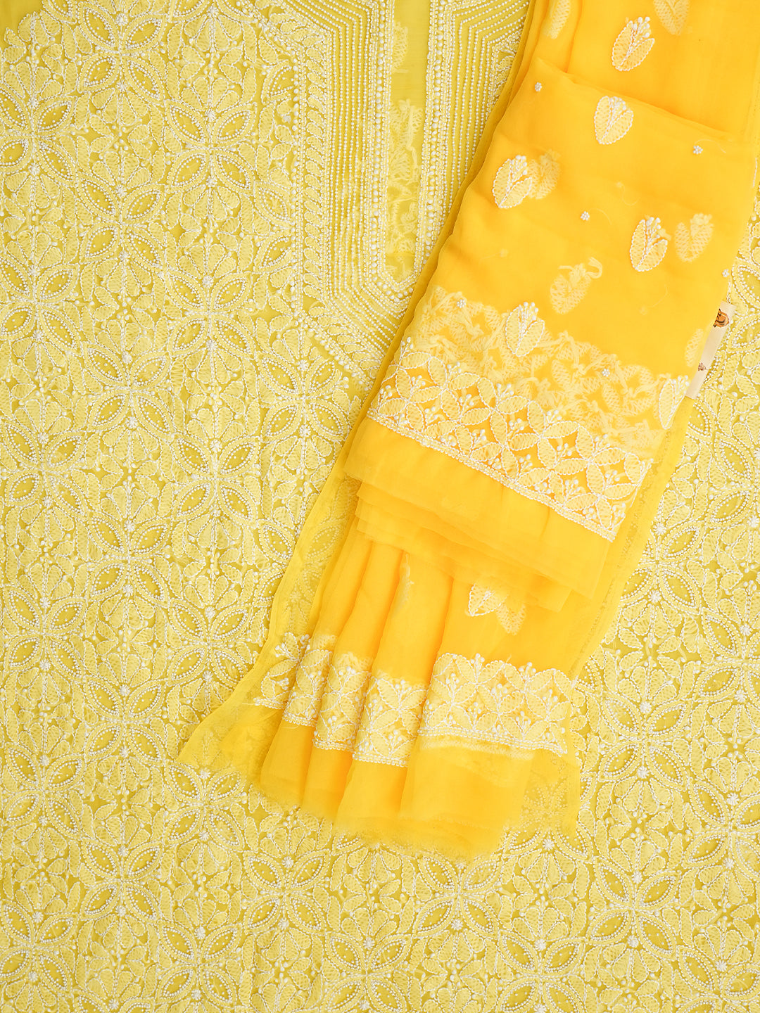 Ada Hand Embroidered Yellow Faux Georgette Lucknowi Chikankari Unstitched Suit Piece With Pearl Work 01A998087