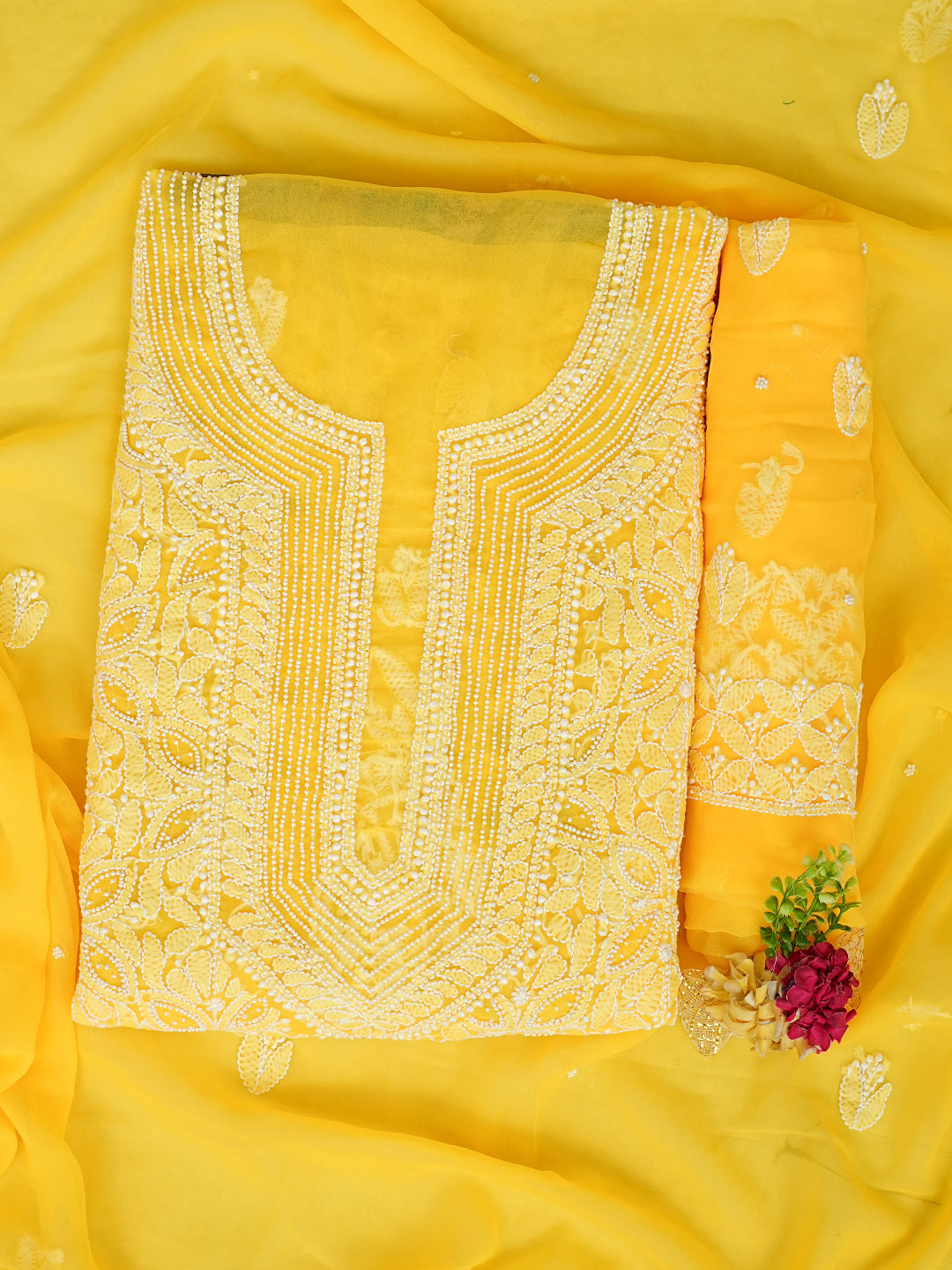 Ada Hand Embroidered Yellow Faux Georgette Lucknowi Chikankari Unstitched Suit Piece With Pearl Work 01A998087