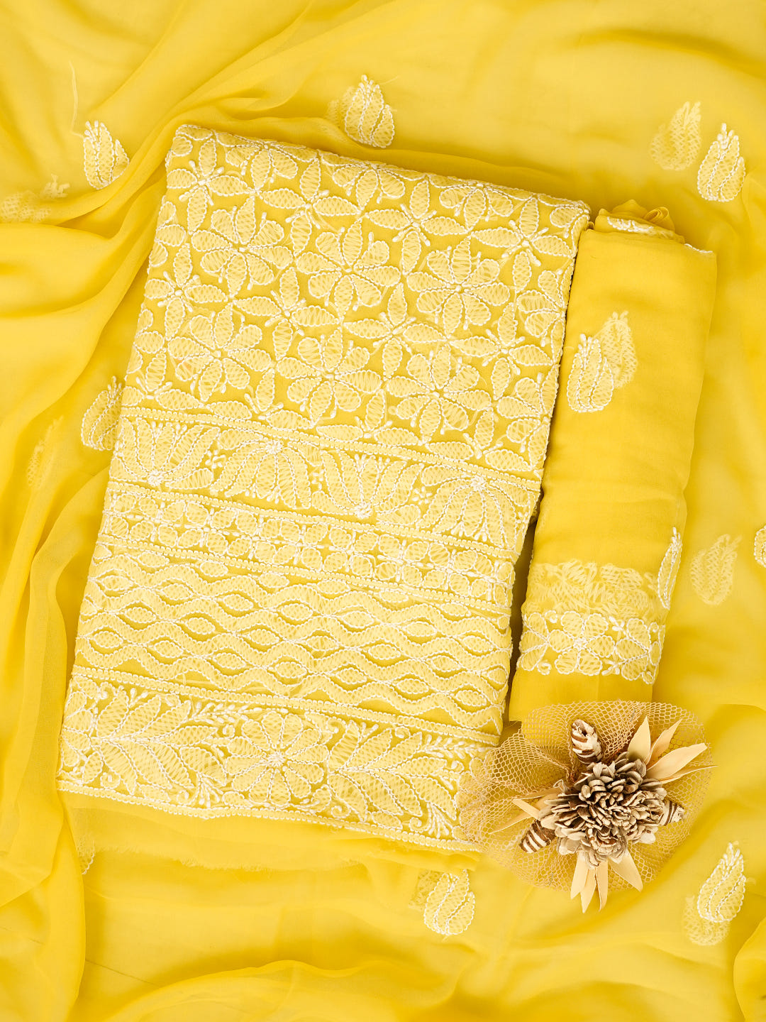 Ada Hand Embroidered Yellow Georgette Lucknowi Chikankari Unstitched Suit Piece 01A1002671_1