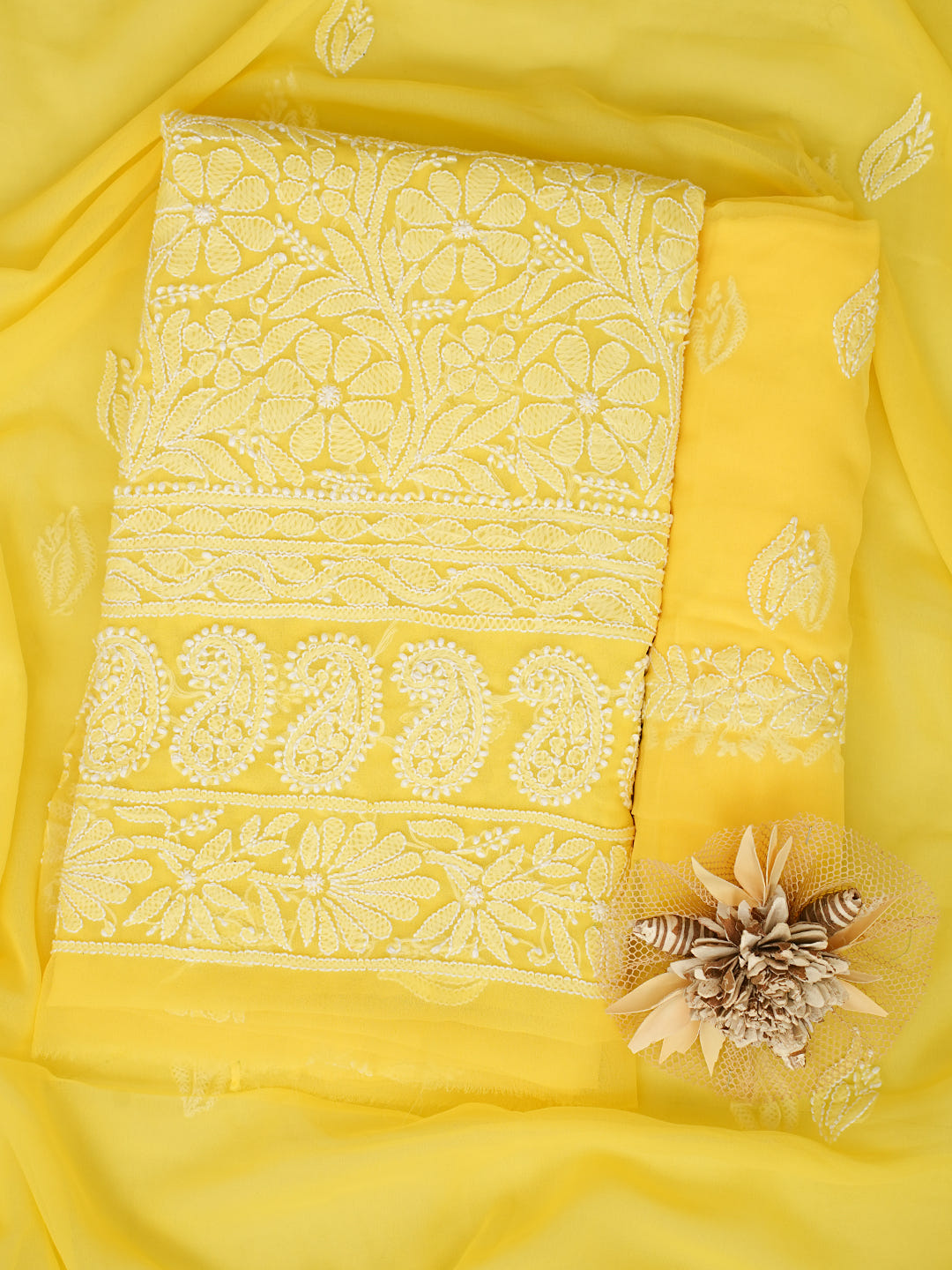 Ada Hand Embroidered Yellow Georgette Lucknowi Chikankari Unstitched Suit Piece 01A1003768_1