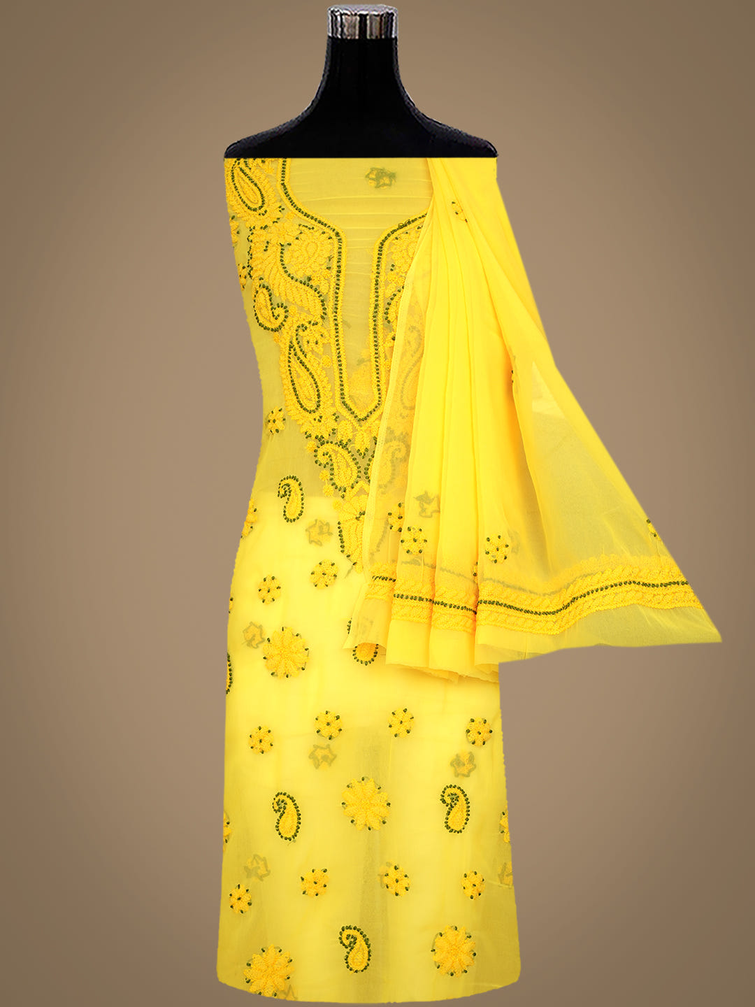 Ada Hand Embroidered Yellow Georgette Lucknowi Chikankari Unstitched Suit Piece_4
