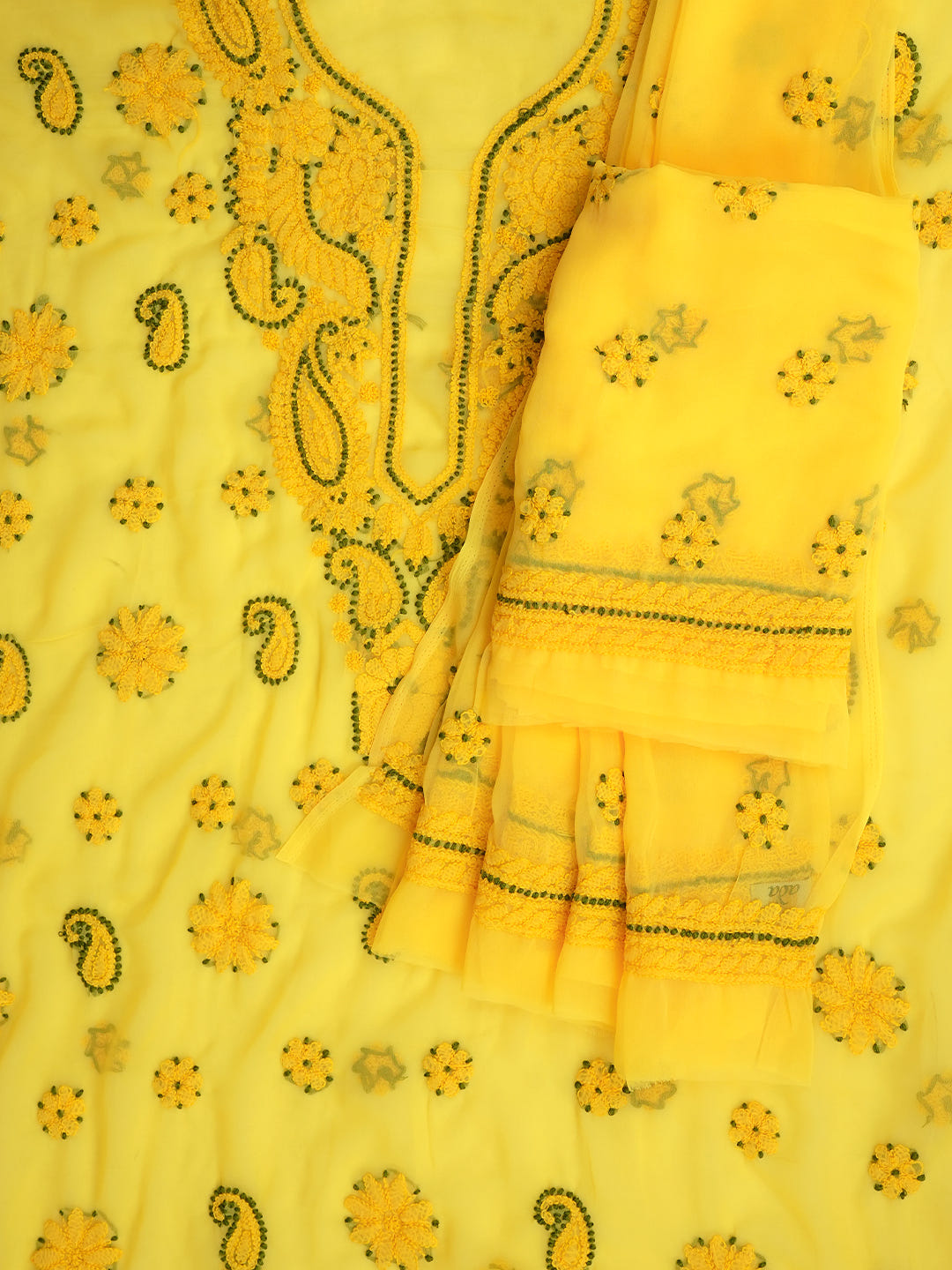 Ada Hand Embroidered Yellow Georgette Lucknowi Chikankari Unstitched Suit Piece_5