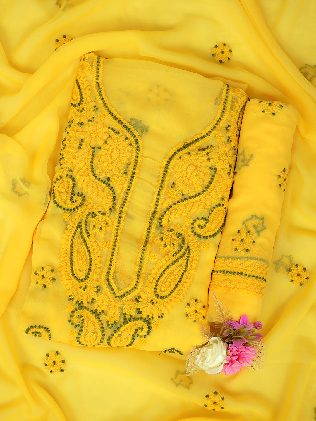 Ada Hand Embroidered Yellow Georgette Lucknowi Chikankari Unstitched Suit Piece_1