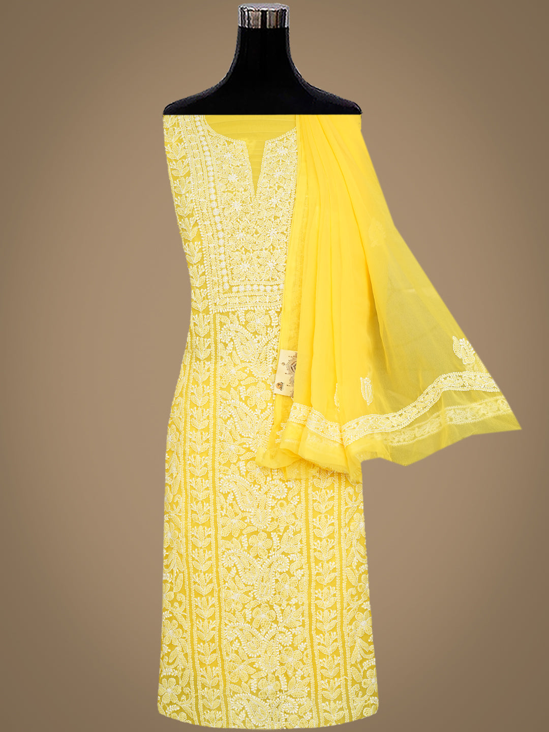 Hand Embroidered Yellow Georgette Chikankari Dress Material by Ada
