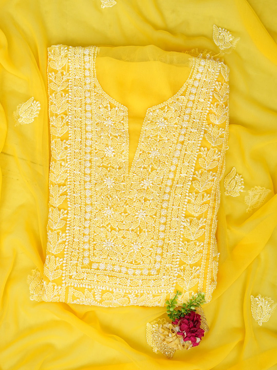 Ada Yellow Georgette Lucknowi Chikankari Unstitched Suit Piece for Women