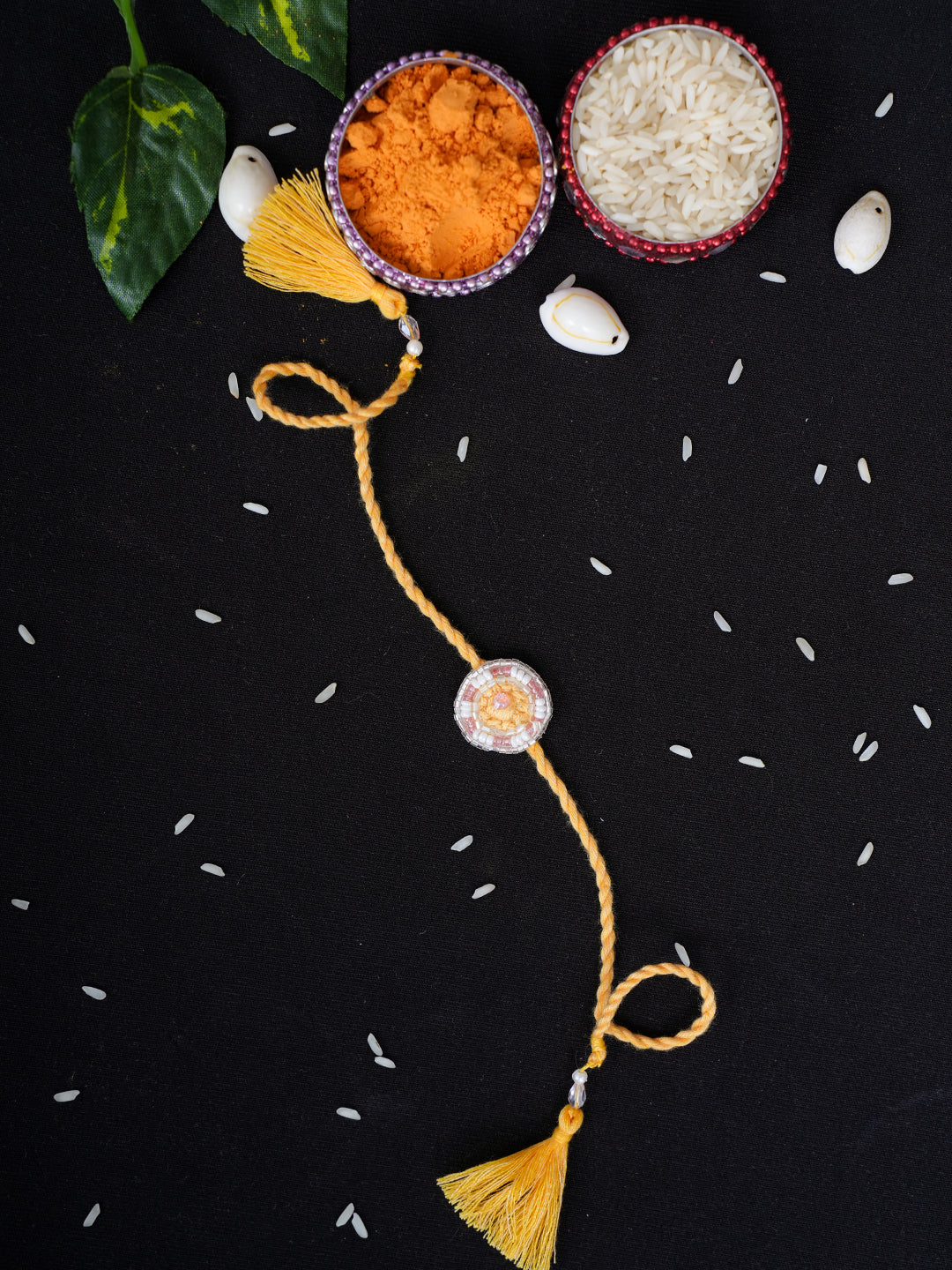 Ada Hand Embroidered Yellow Georgette Raksha Sutra Rakhi With Cutdana Work_1