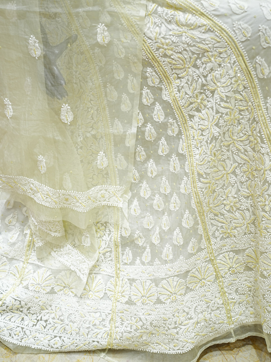 Ada Hand Embroidered Yellow Organza Lucknowi Chikankari Lehenga Set With Cutdana Work 01A999567