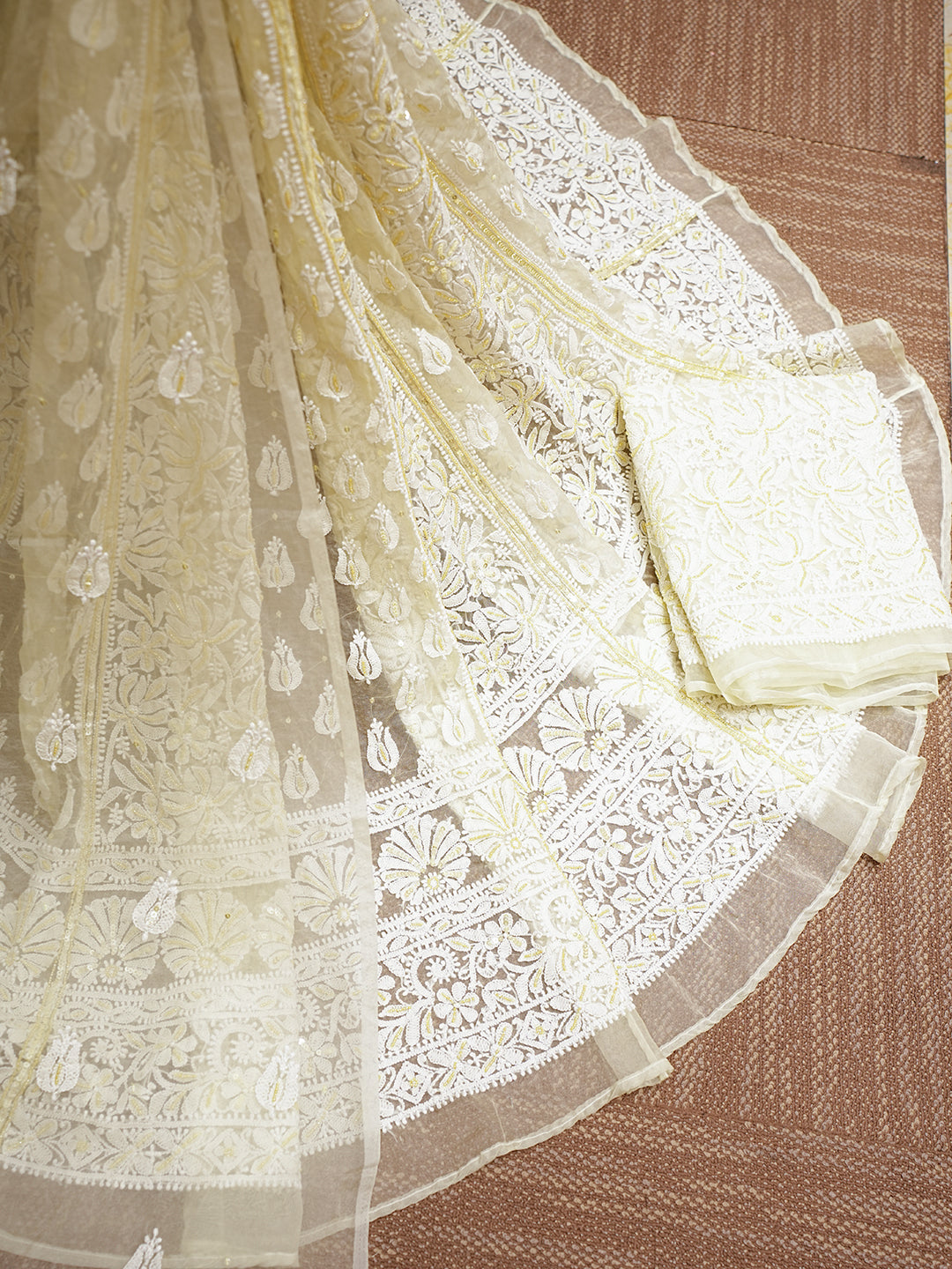 Ada Hand Embroidered Yellow Organza Lucknowi Chikankari Lehenga Set With Cutdana Work 01A999567