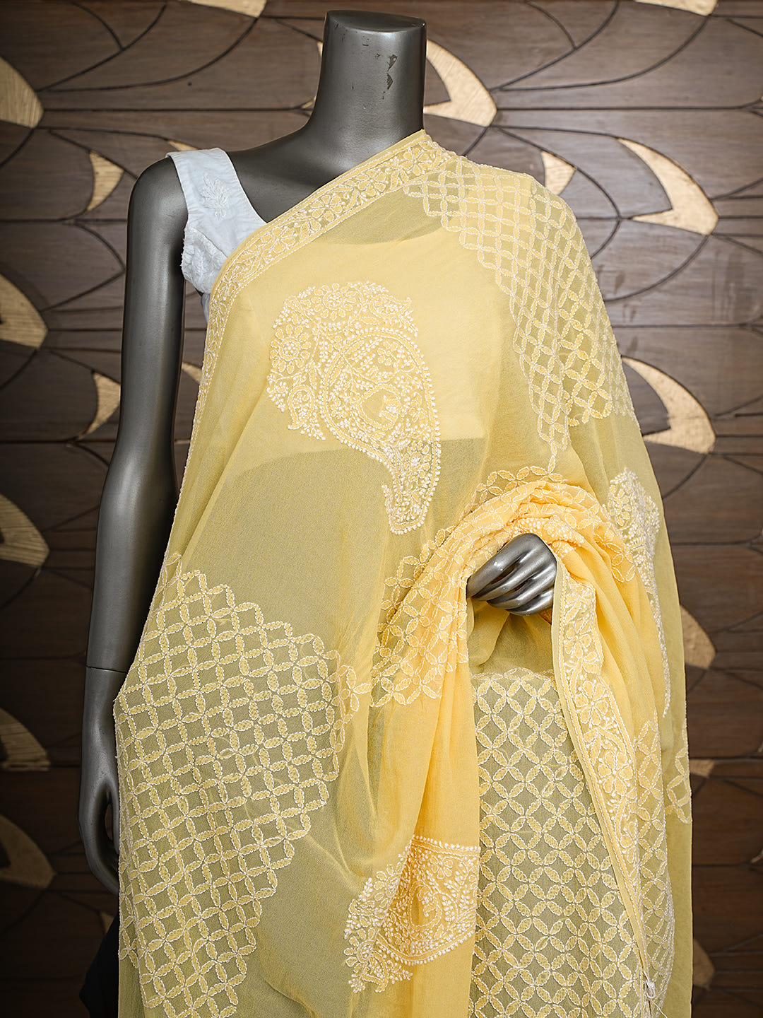 Ada Hand Embroidered Yellow Pure Georgette Lucknowi Chikankari Dupatta 01A1007044_3