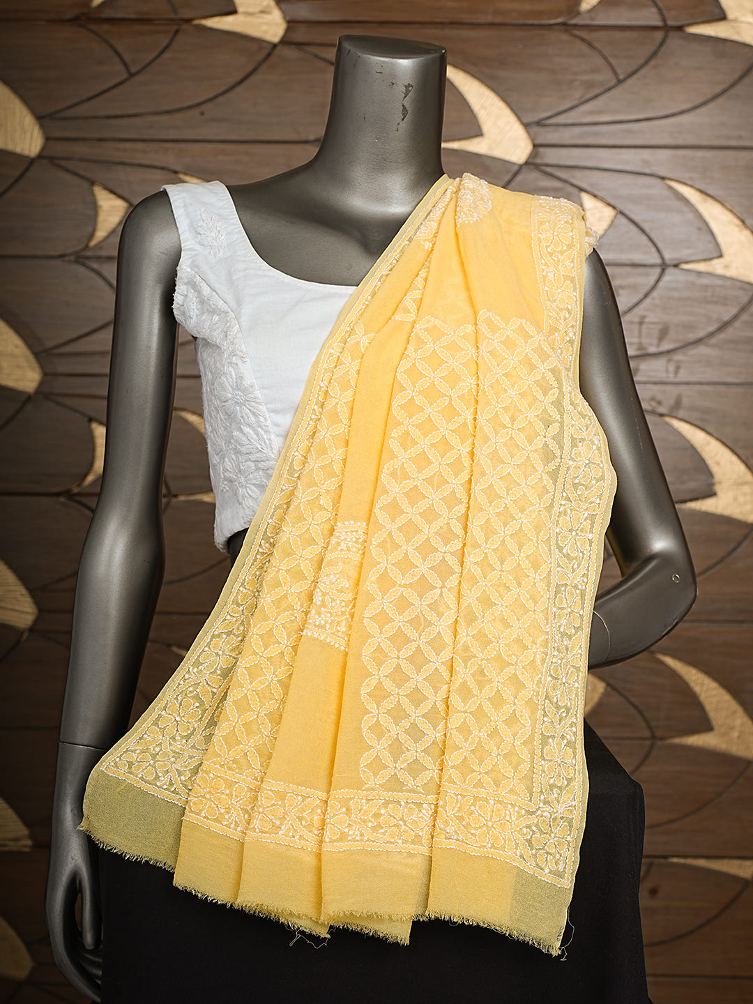 Ada Hand Embroidered Yellow Pure Georgette Lucknowi Chikankari Dupatta 01A1007044_4