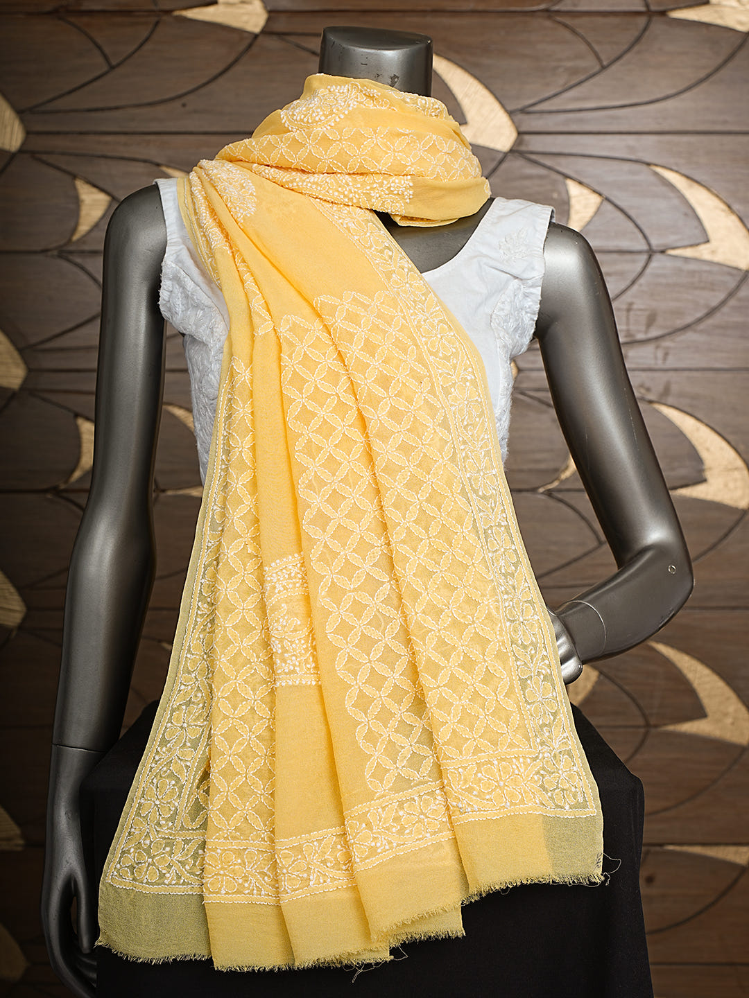 Ada Hand Embroidered Yellow Pure Georgette Lucknowi Chikankari Dupatta 01A1007044_1