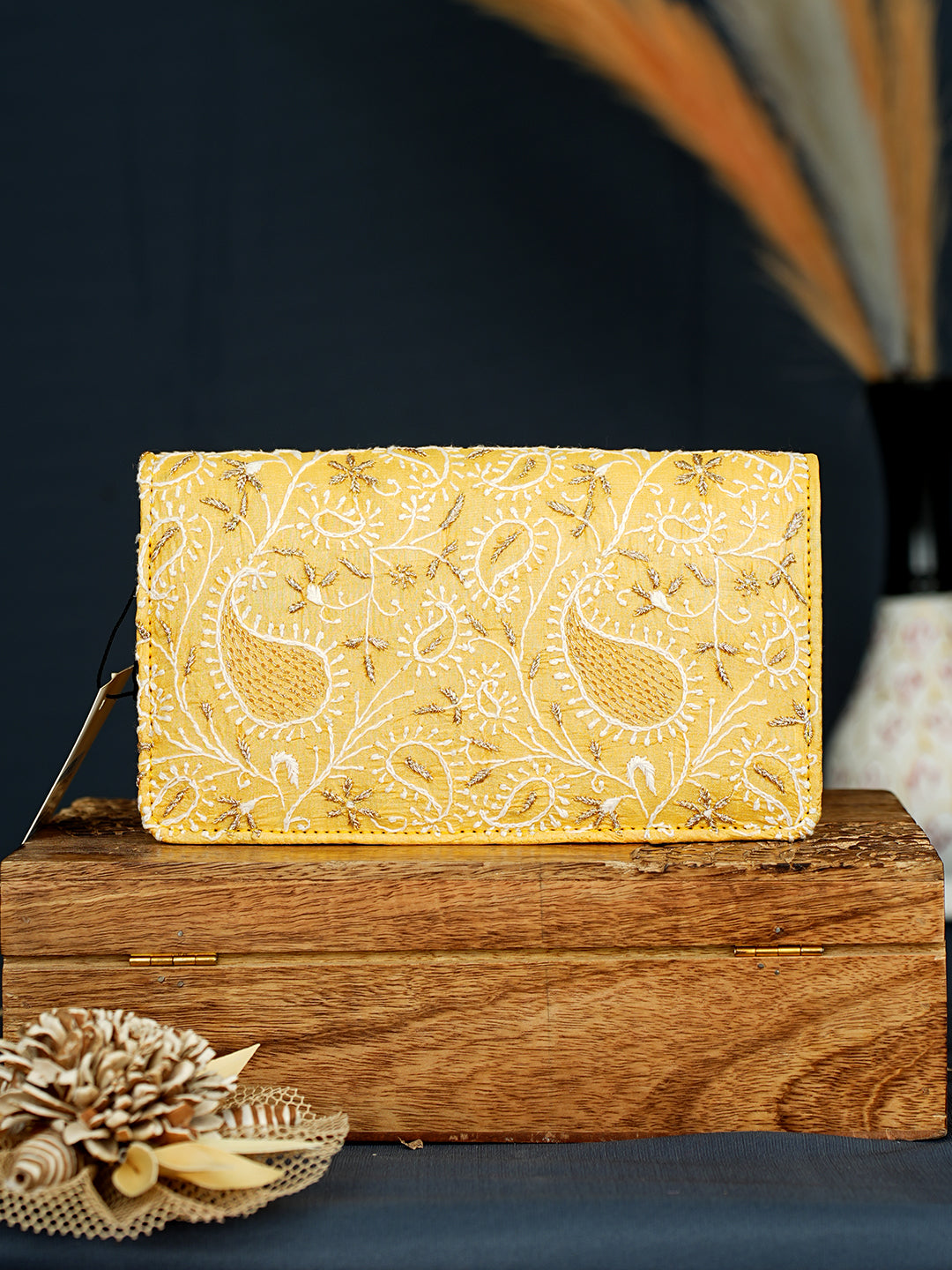 Ada Hand Embroidered Yellow Silk Lucknowi Chikankari Clutch With Zari Work 01A1010129