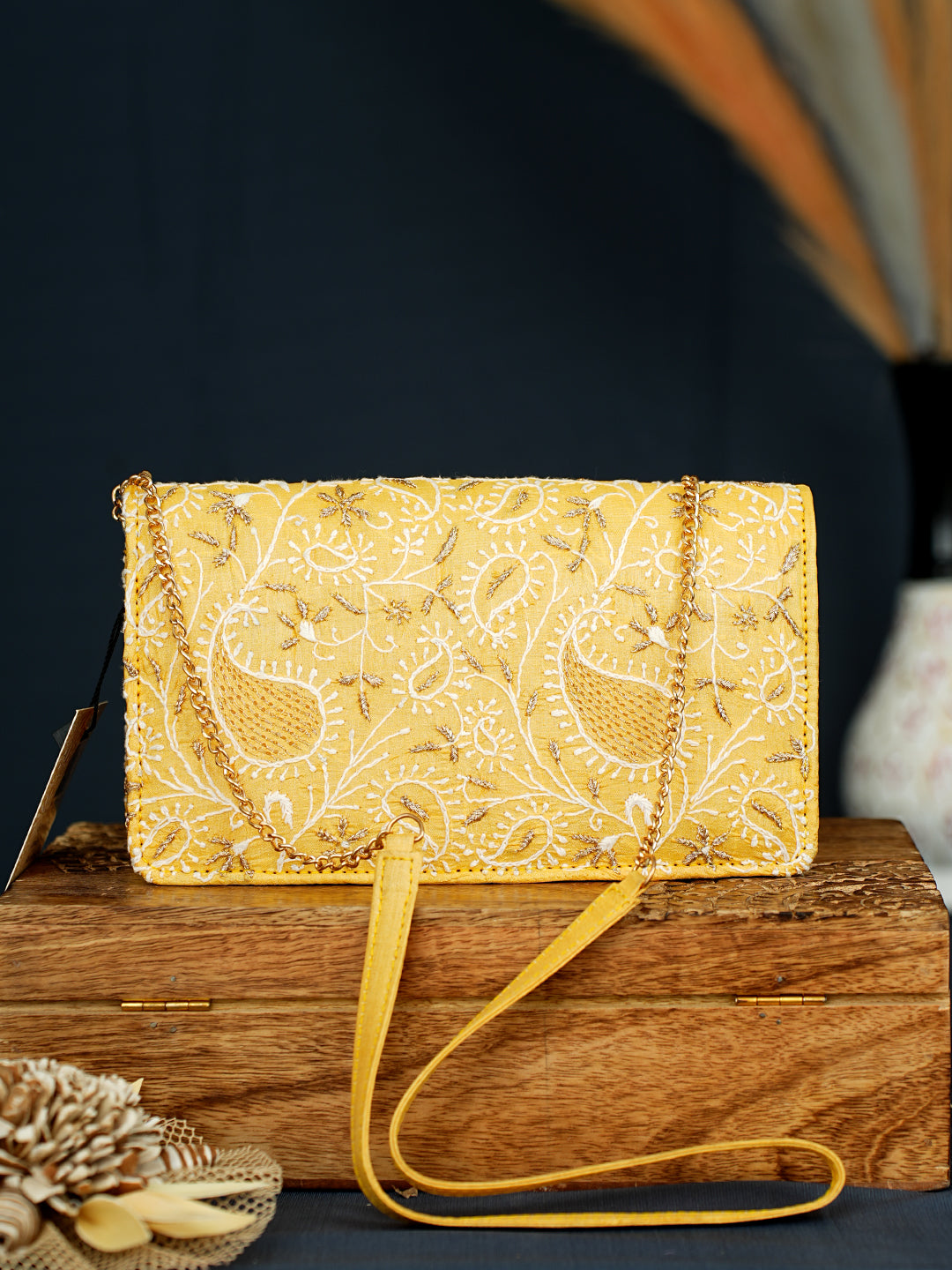 Ada Hand Embroidered Yellow Silk Lucknowi Chikankari Clutch With Zari Work 01A1010129