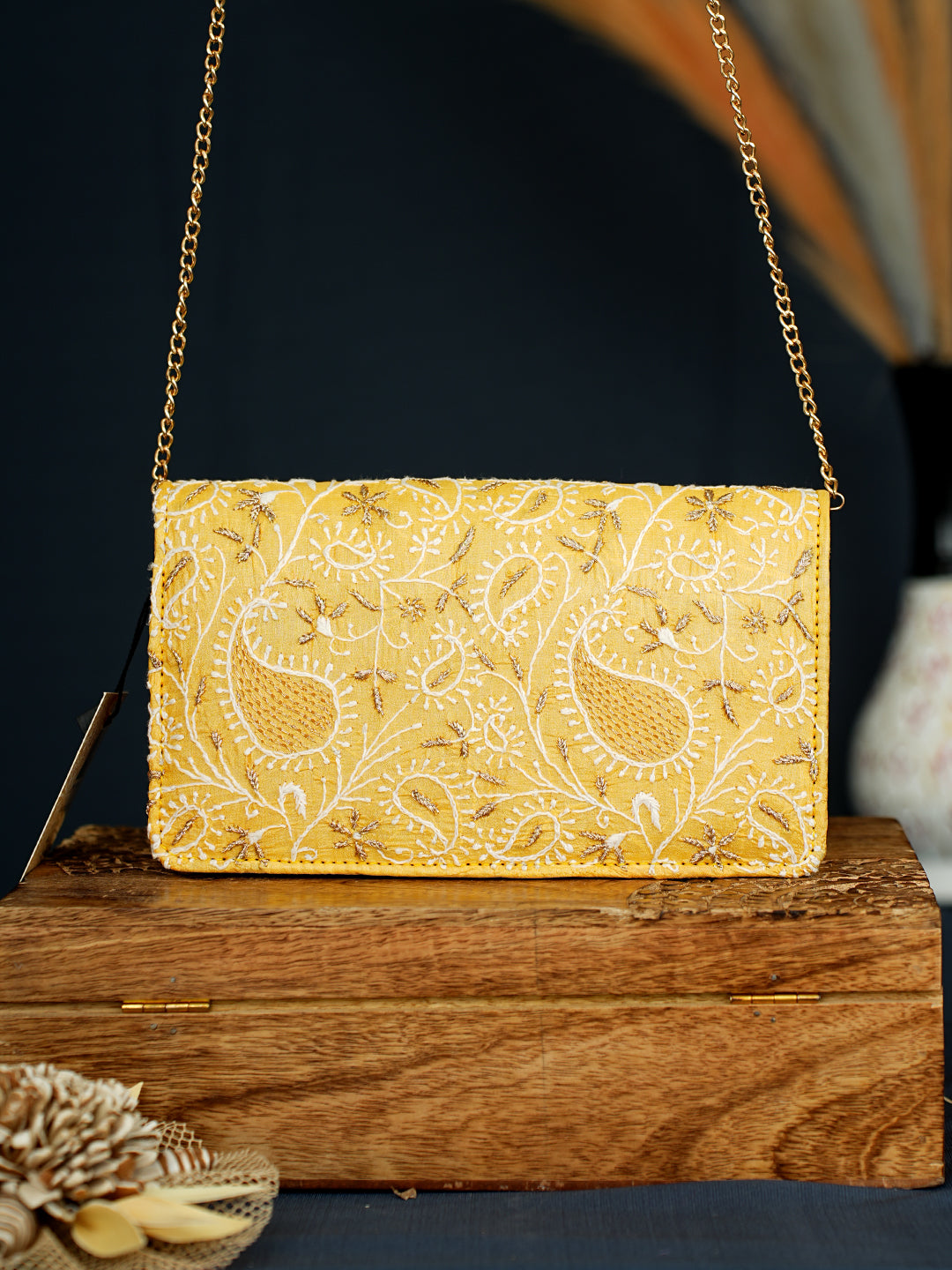 Ada Hand Embroidered Yellow Silk Lucknowi Chikankari Clutch With Zari Work 01A1010129