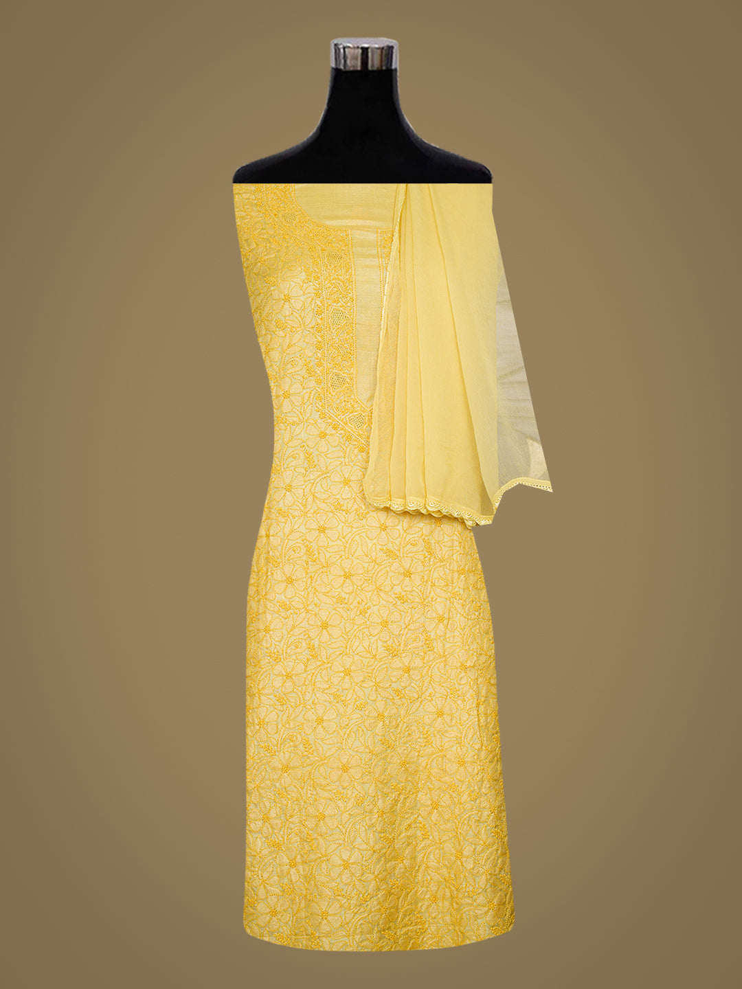 Ada Hand Embroidered Yellow Silk Lucknowi Chikankari Unstitched Suit Piece 01A908061