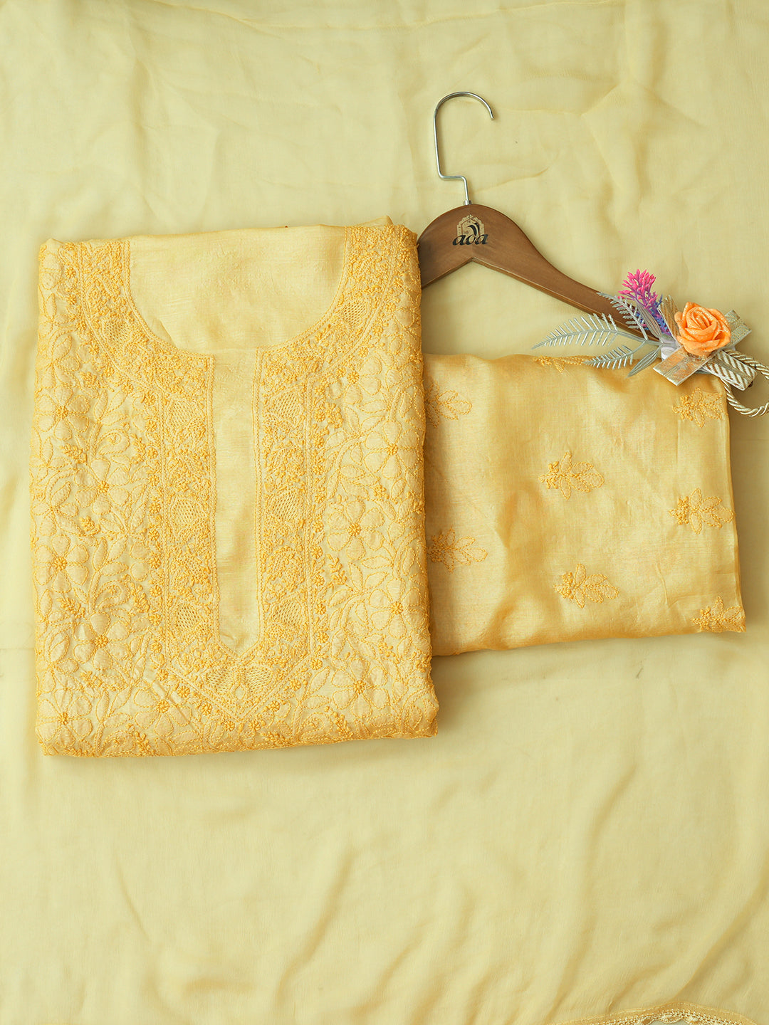 Ada Hand Embroidered Yellow Silk Lucknowi Chikankari Unstitched Suit Piece 01A908061