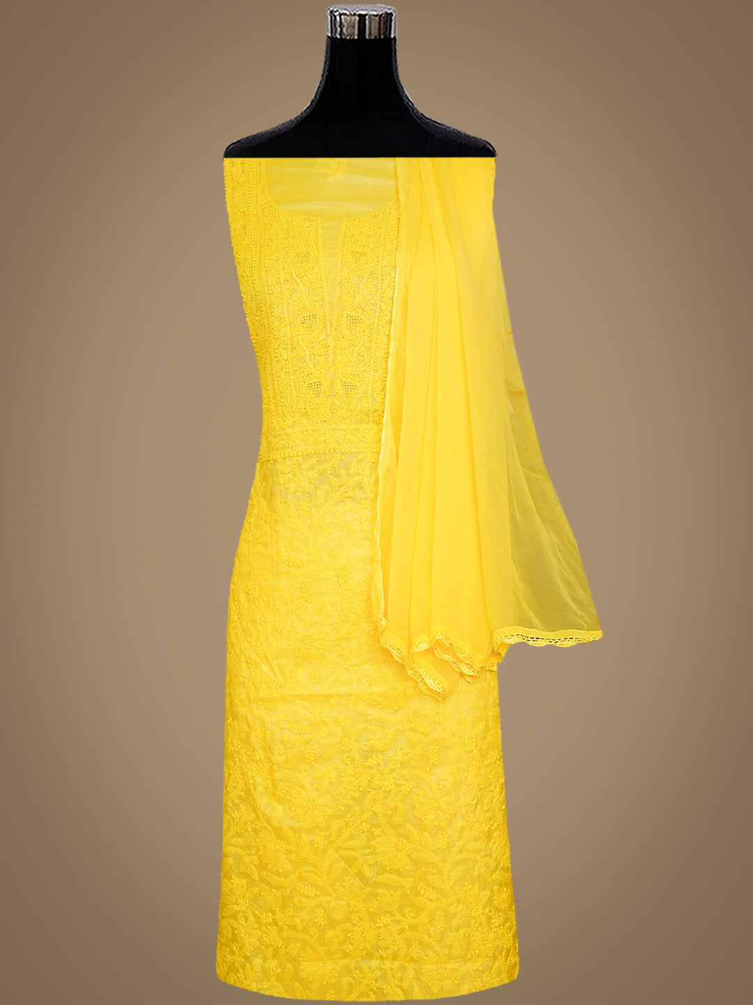 Hand Embroidered Yellow Silk Chikankari Suit Piece Close-Up