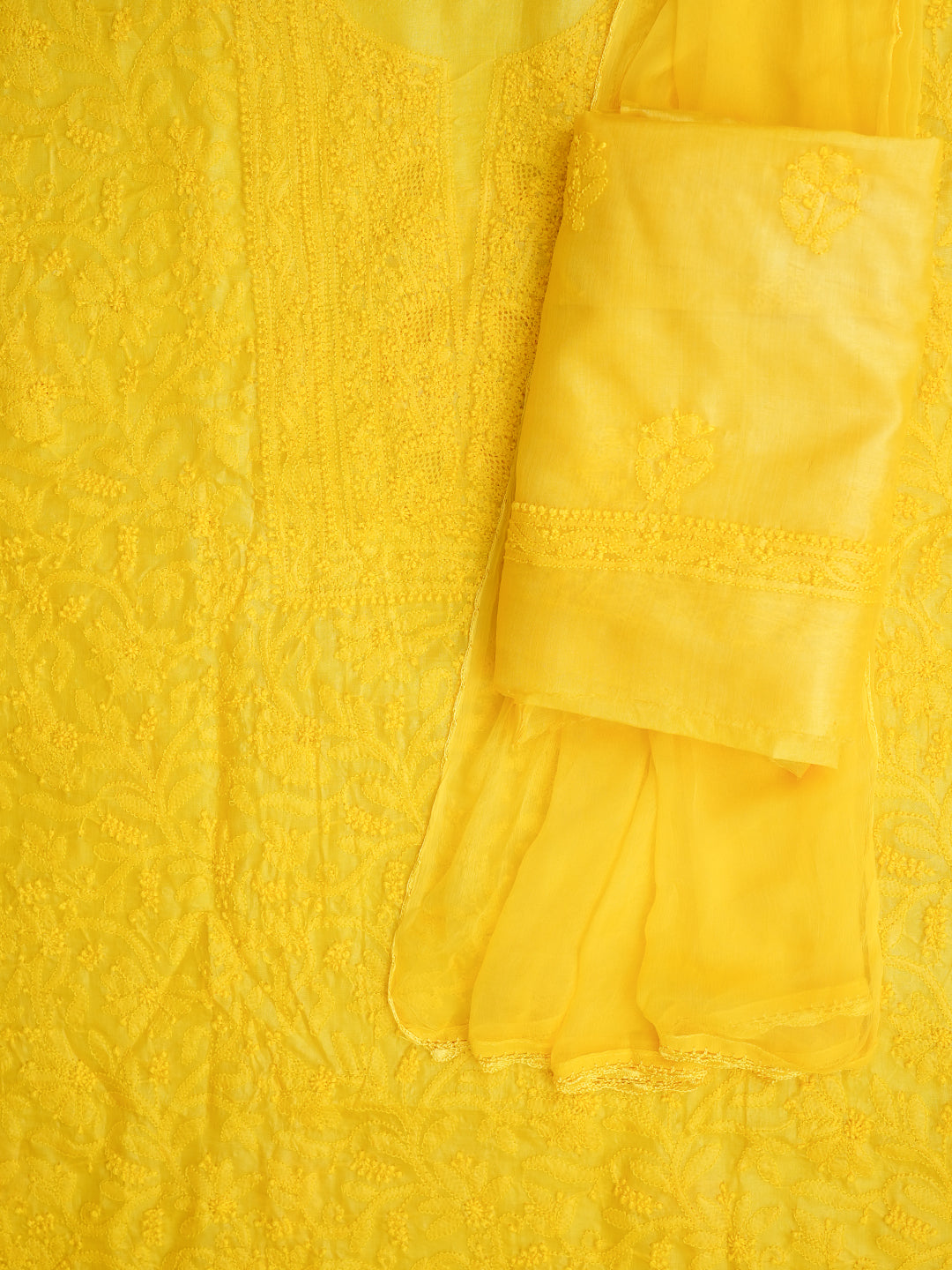 Detailed Lucknowi Chikankari Embroidery On Yellow Silk Fabric