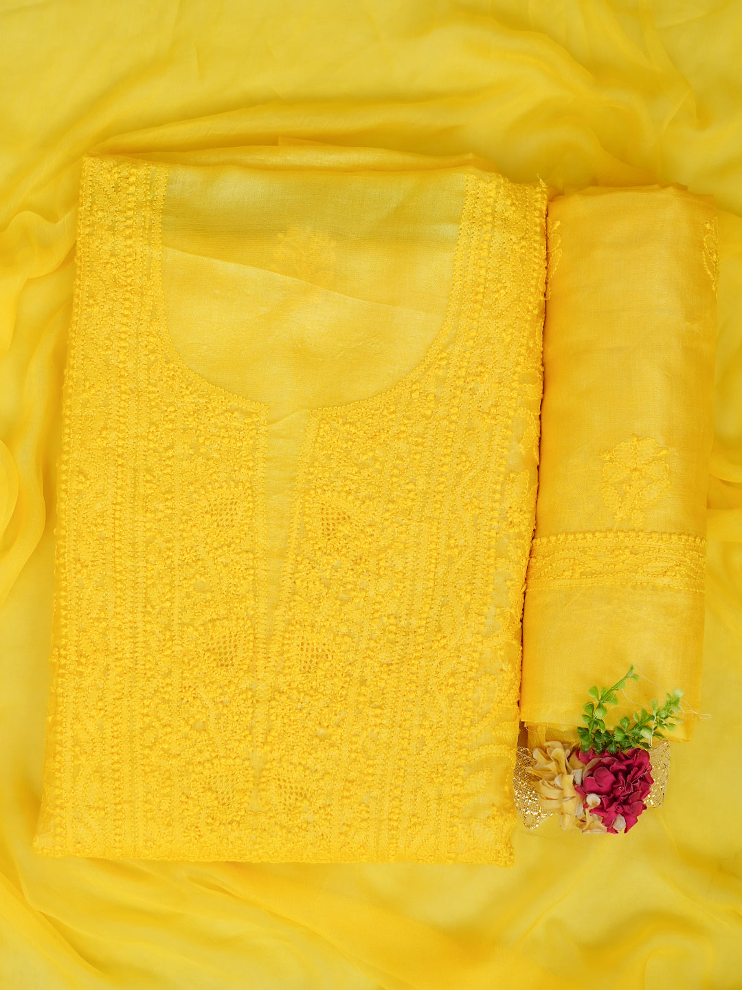 Traditional Yellow Silk Lucknowi Chikankari Unstitched Suit Piece