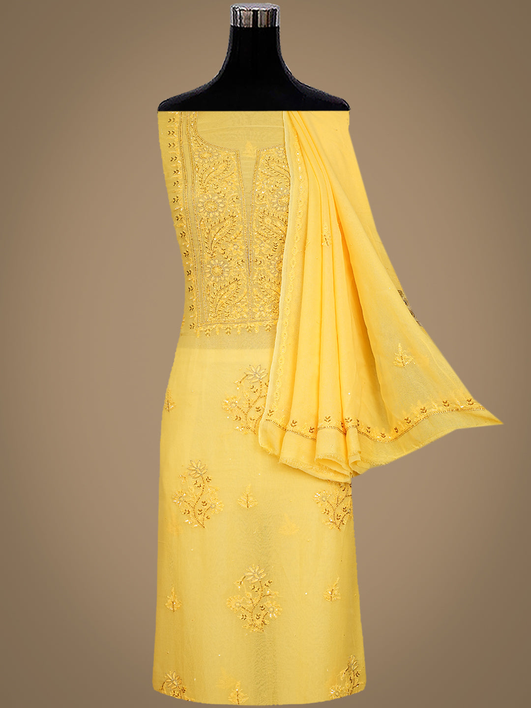 Ada Hand Embroidered Yellow Viscose Georgette Lucknowi Chikankari Unstitched Kurta Dupatta Set With Zari Work 01A771738