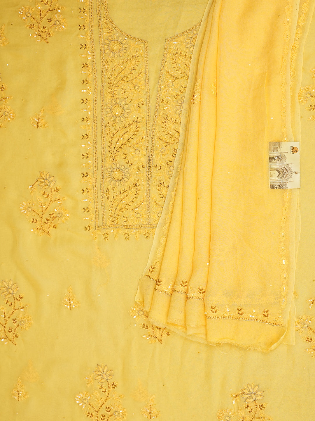 Ada Hand Embroidered Yellow Viscose Georgette Lucknowi Chikankari Unstitched Kurta Dupatta Set With Zari Work 01A771738