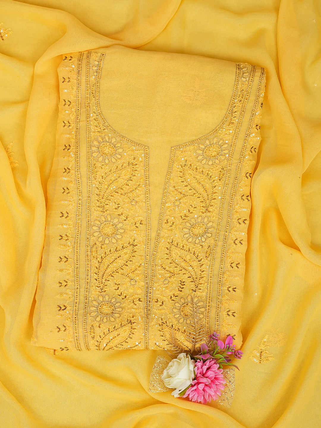 Ada Hand Embroidered Yellow Viscose Georgette Lucknowi Chikankari Unstitched Kurta Dupatta Set With Zari Work 01A771738