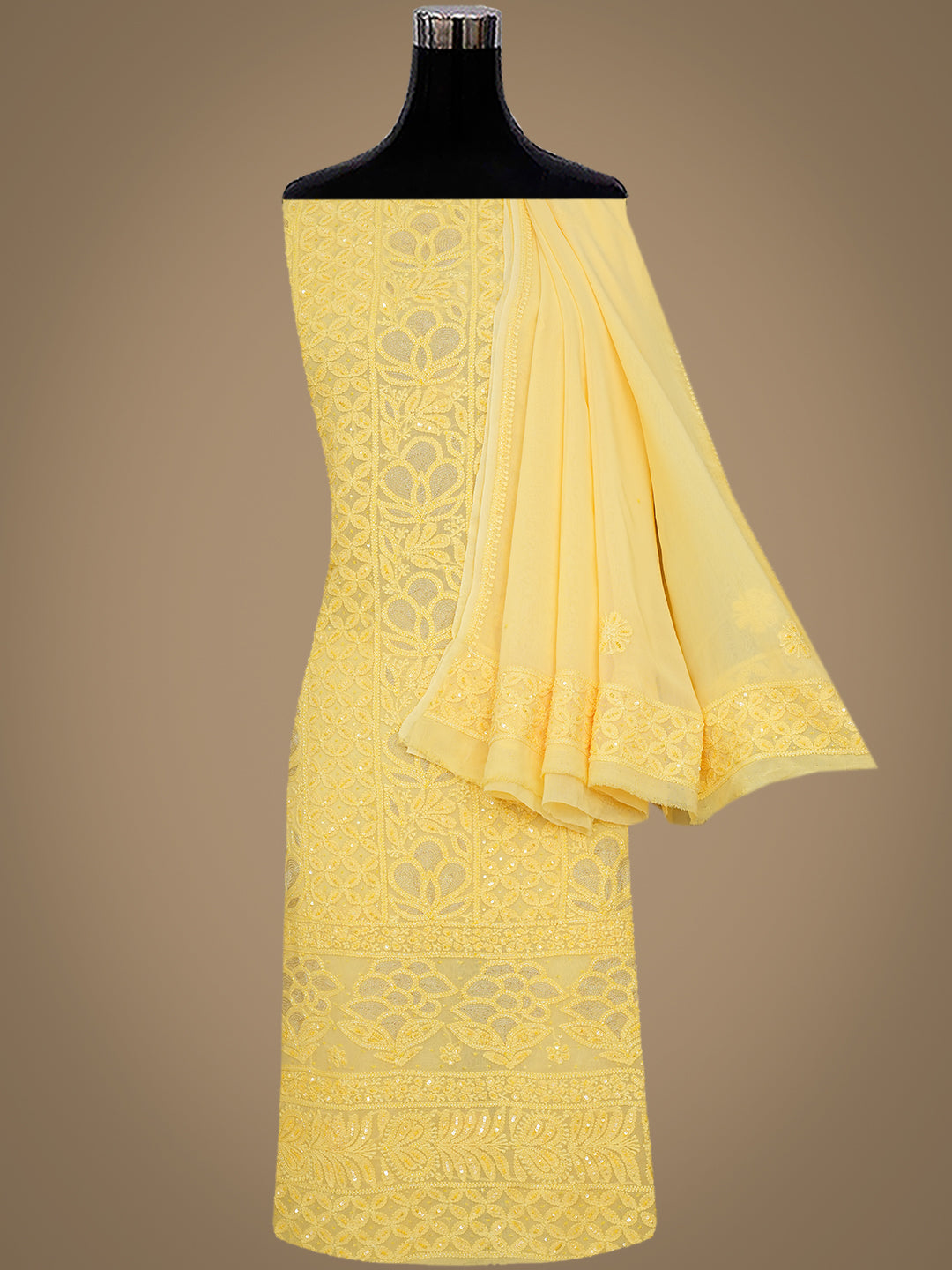 Ada Hand Embroidered Yellow Viscose Georgette Lucknowi Chikankari Unstitched Kurta Dupatta Set With Zari, Cutdana and Sequinned Work 01A955428