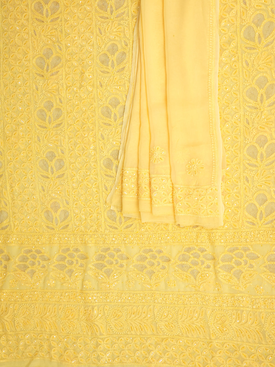 Ada Hand Embroidered Yellow Viscose Georgette Lucknowi Chikankari Unstitched Kurta Dupatta Set With Zari, Cutdana and Sequinned Work 01A955428