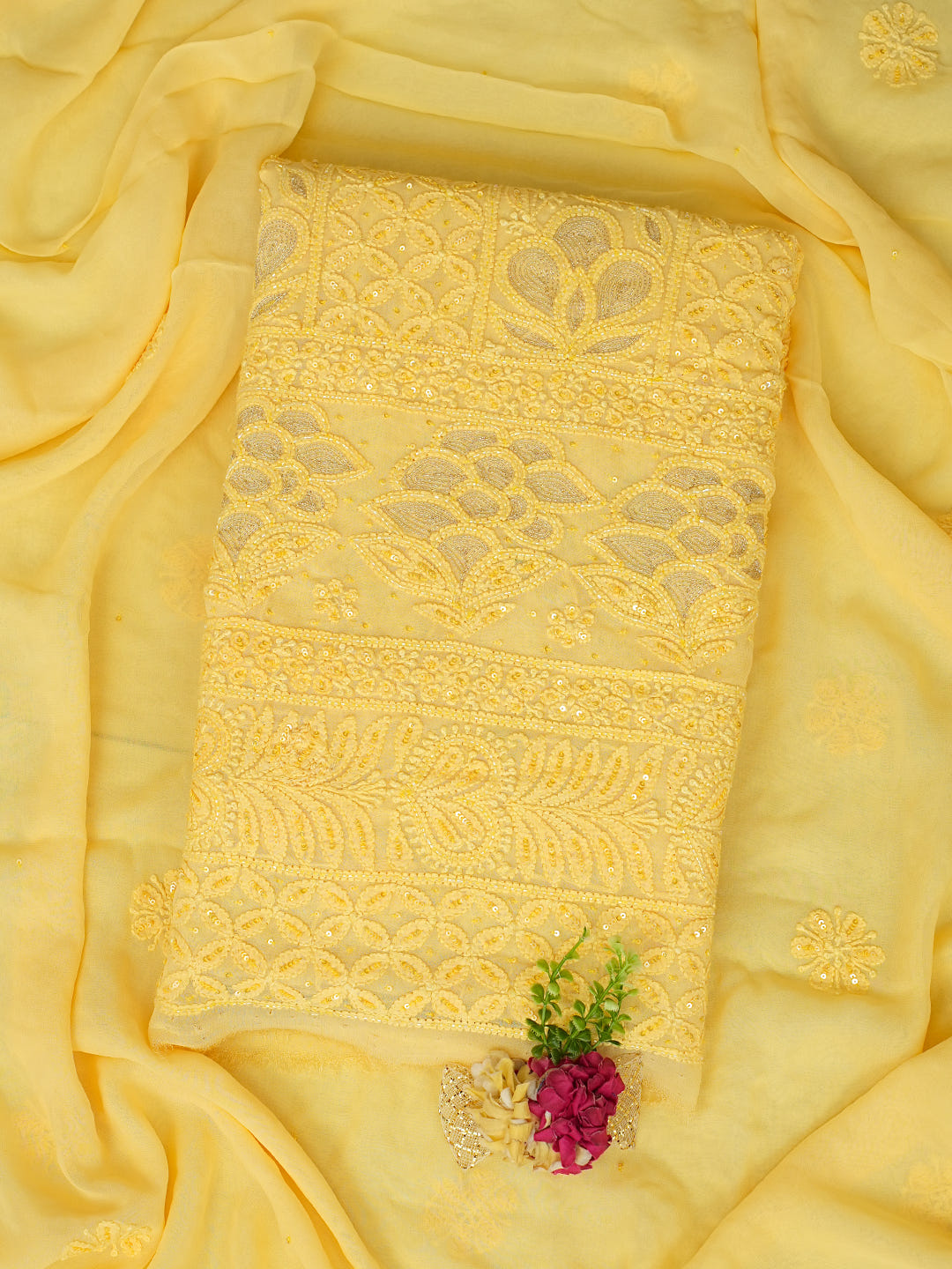 Ada Hand Embroidered Yellow Viscose Georgette Lucknowi Chikankari Unstitched Kurta Dupatta Set With Cutdana Work 01A955428