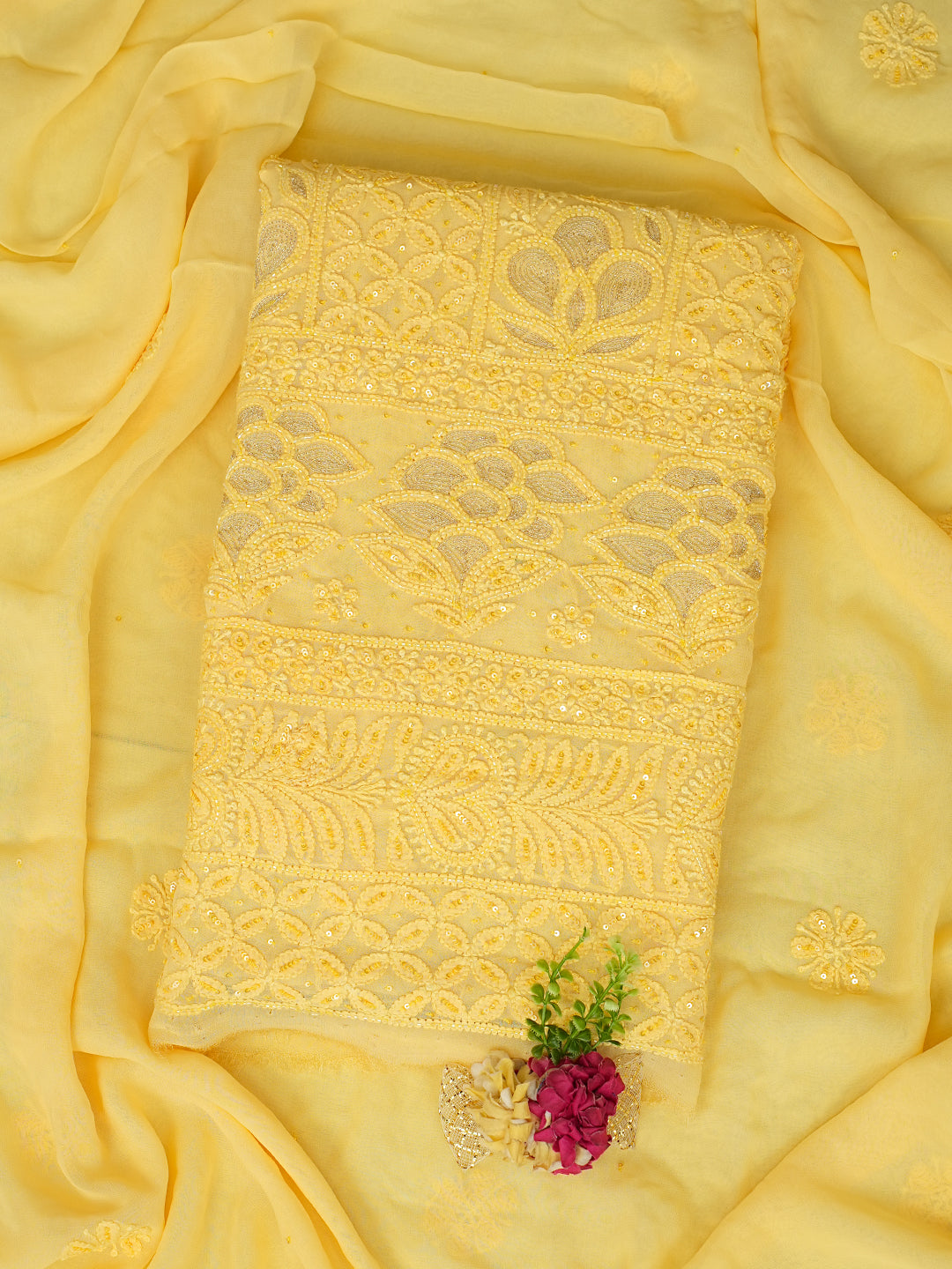 Ada Hand Embroidered Yellow Viscose Georgette Lucknowi Chikankari Unstitched Kurta Dupatta Set With Zari, Cutdana and Sequinned Work 01A955428