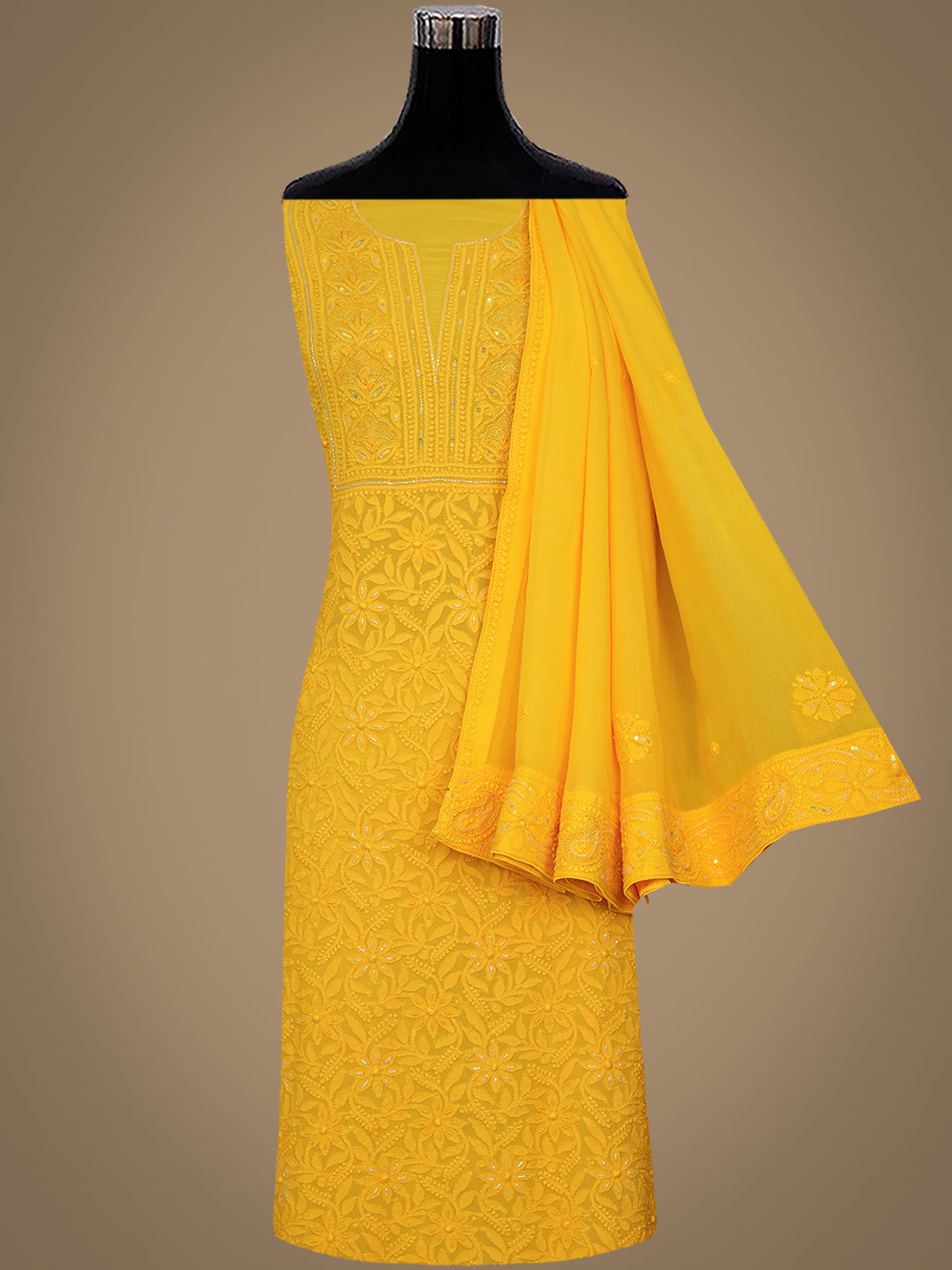 Ada Hand Embroidered Yellow Viscose Georgette Lucknowi Chikankari Unstitched Kurta Dupatta set With Cutdana and Sequinned Work 01A394852