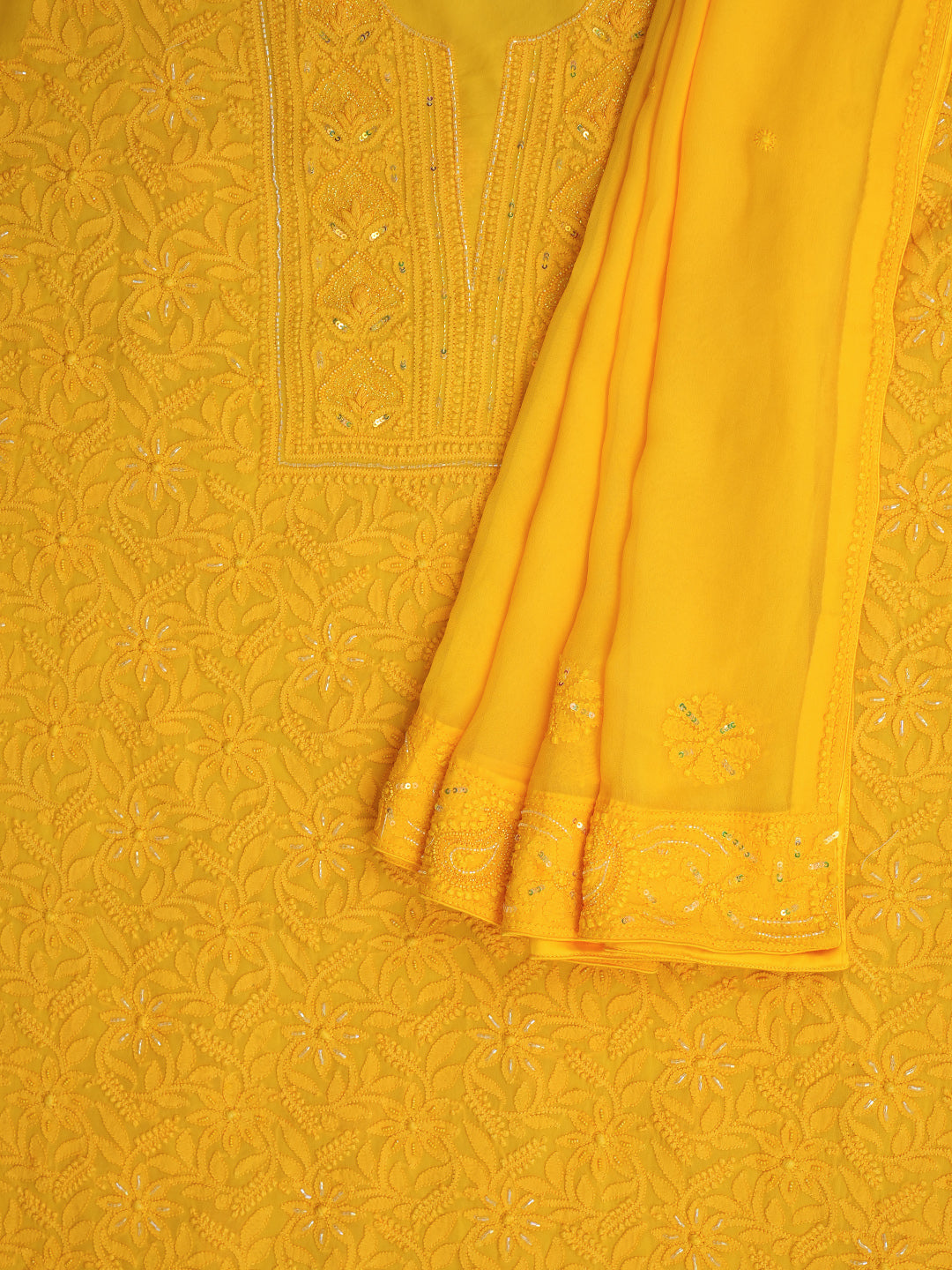 Ada Hand Embroidered Yellow Viscose Georgette Lucknowi Chikankari Unstitched Kurta Dupatta set With Cutdana and Sequinned Work 01A394852