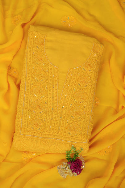 Ada Hand Embroidered Yellow Viscose Georgette Lucknowi Chikankari Unstitched Kurta Dupatta Set With Cutdana Work 01A394852