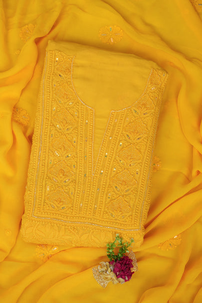 Ada Hand Embroidered Yellow Viscose Georgette Lucknowi Chikankari Unstitched Kurta Dupatta set With Cutdana and Sequinned Work 01A394852