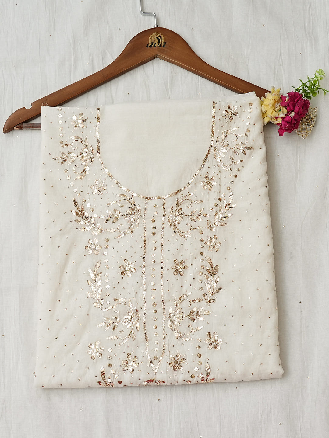 Ada White Chanderi Unstitched Kurta Dupatta Set With Muqaish/Mukaish Work 01A972743