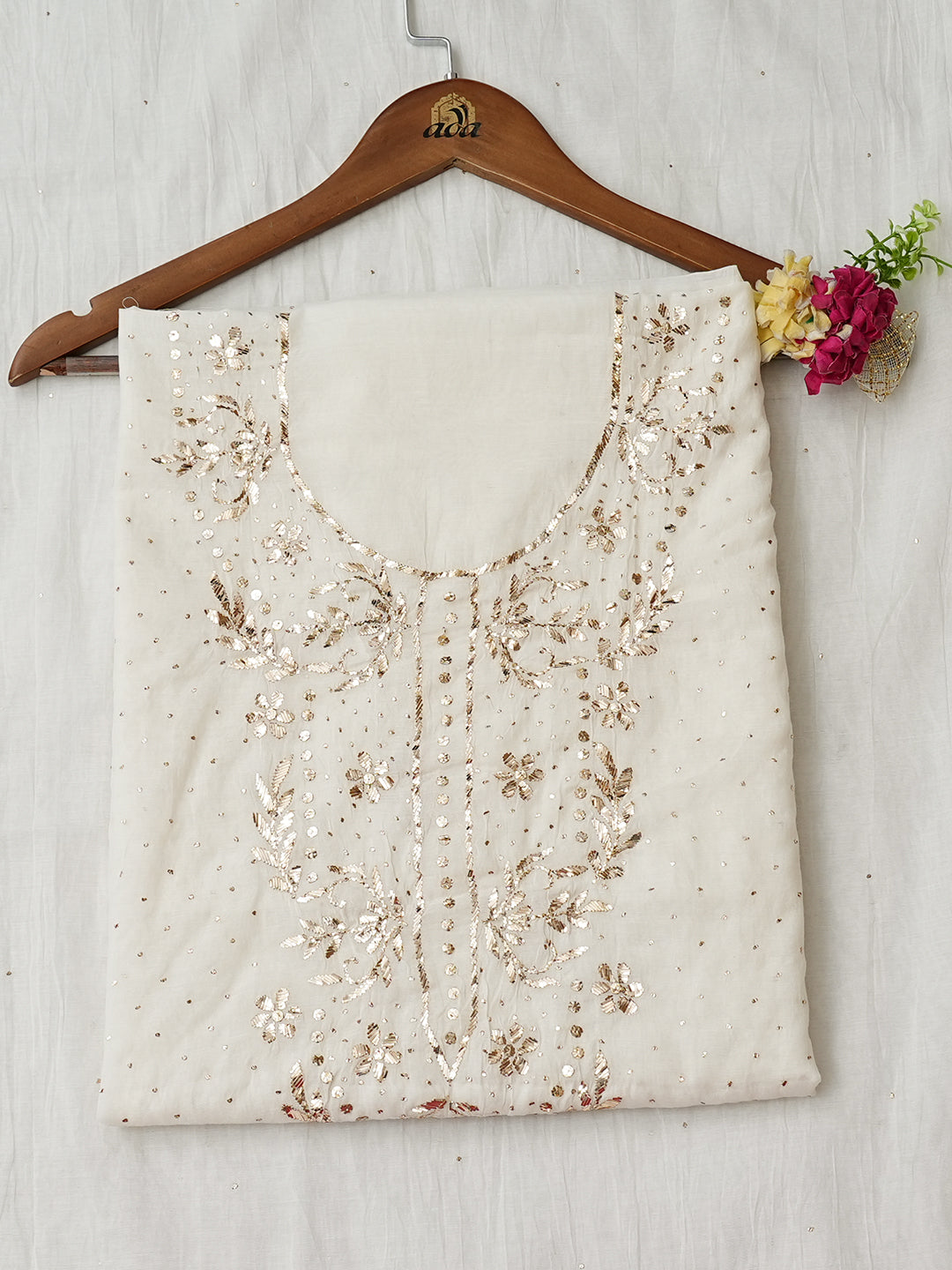Ada White Chanderi Lucknowi Chikankari Unstitched Kurta Dupatta Set With Muqaish/Mukaish Work 01A972743
