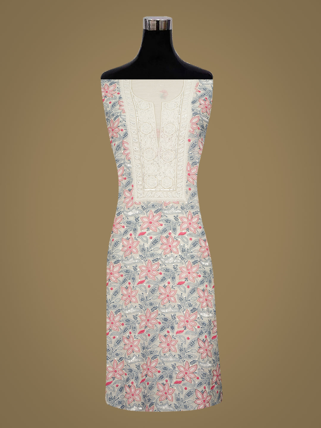 Ada White Chanderi Lucknowi Chikankari Unstitched Kurta Dupatta Set With Pearl Cutdana Sequinned & Zari Work 01A988204