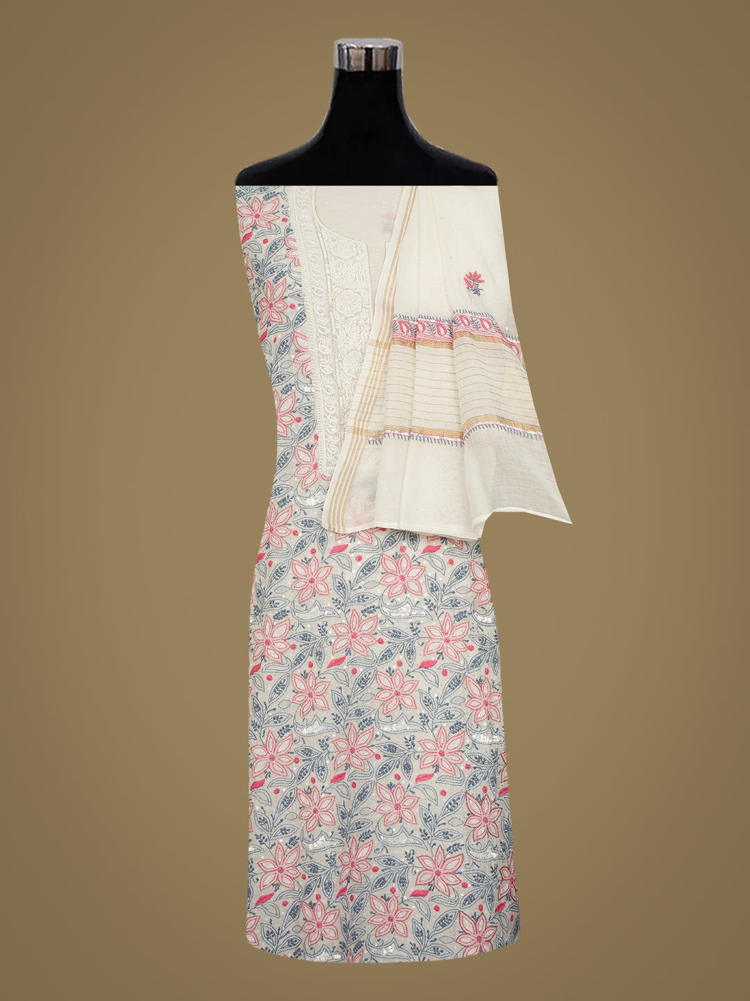 Ada White Chanderi Lucknowi Chikankari Unstitched Kurta Dupatta Set With Pearl Cutdana Sequinned & Zari Work 01A988204