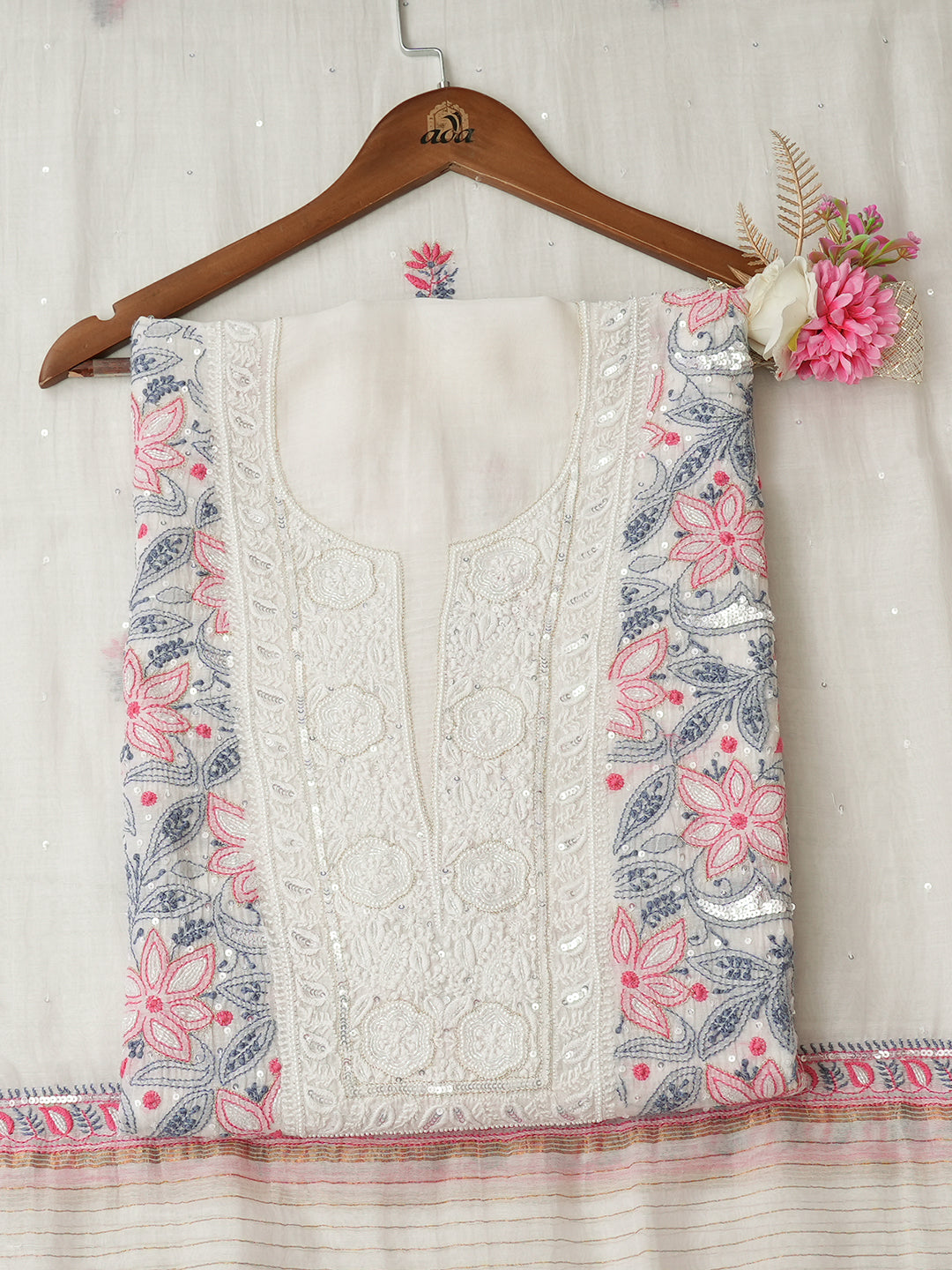 Ada White Chanderi Lucknowi Chikankari Unstitched Kurta Dupatta Set With Pearl Cutdana Sequinned & Zari Work 01A988204